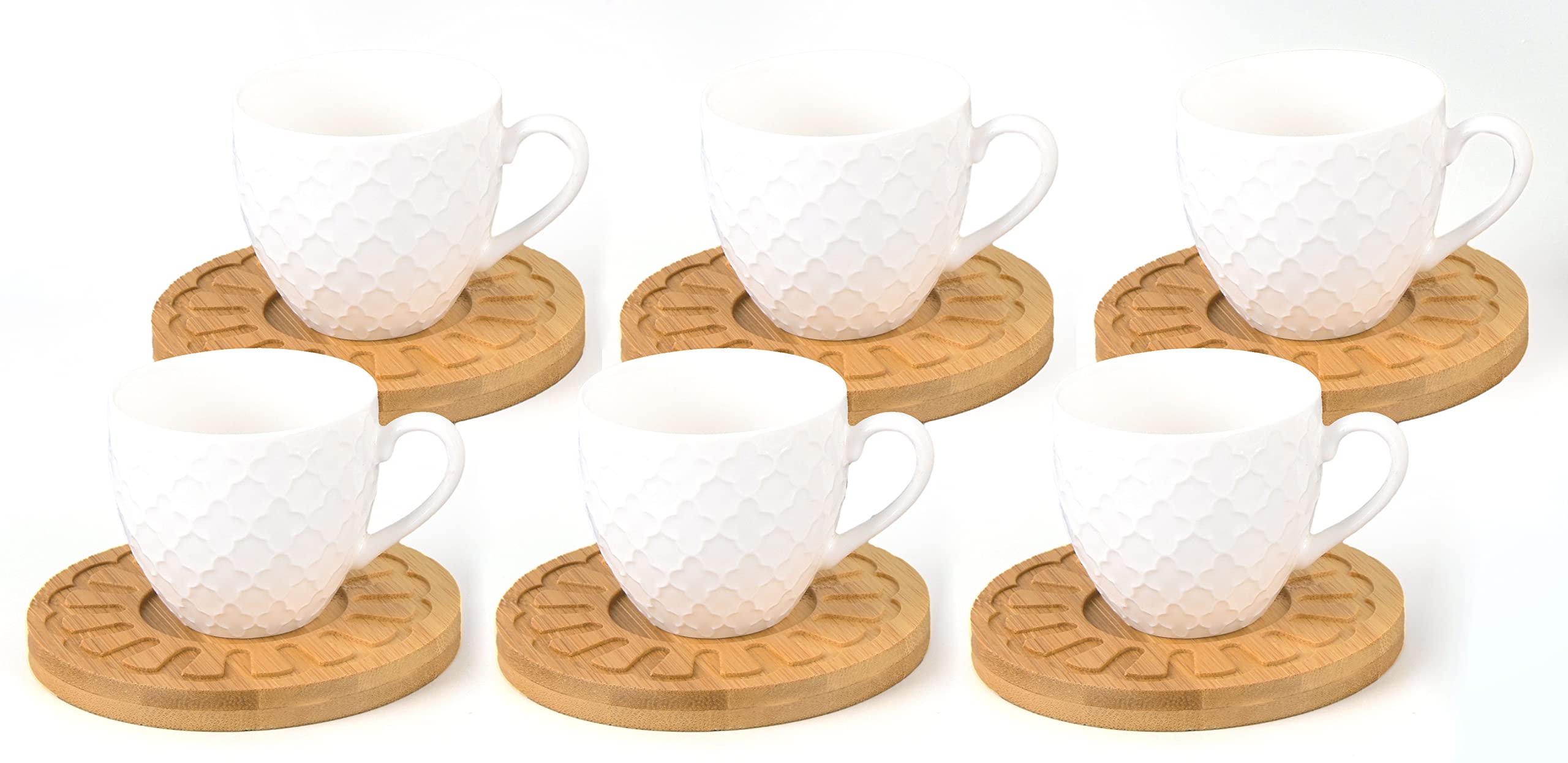Shallow White Coffee Cup & Bamboo Saucer 200Ml - 6set
