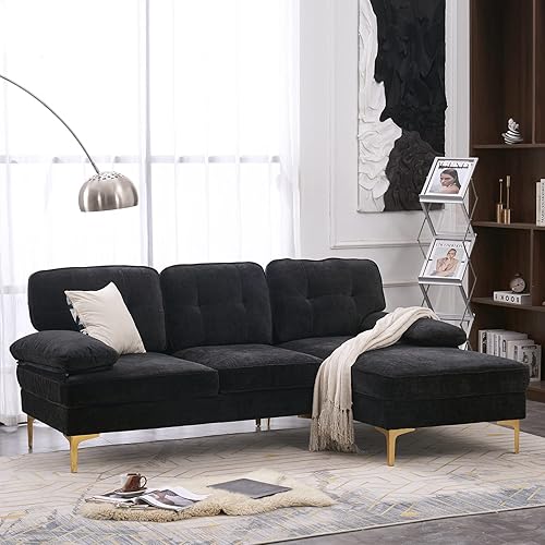 Karl home Sectional Sofa 83" L-Shape Sofa Couch 3-Seat Couch with Chaise ChenilleFabric Upholstered for Living Room, Apartment, Office, Black