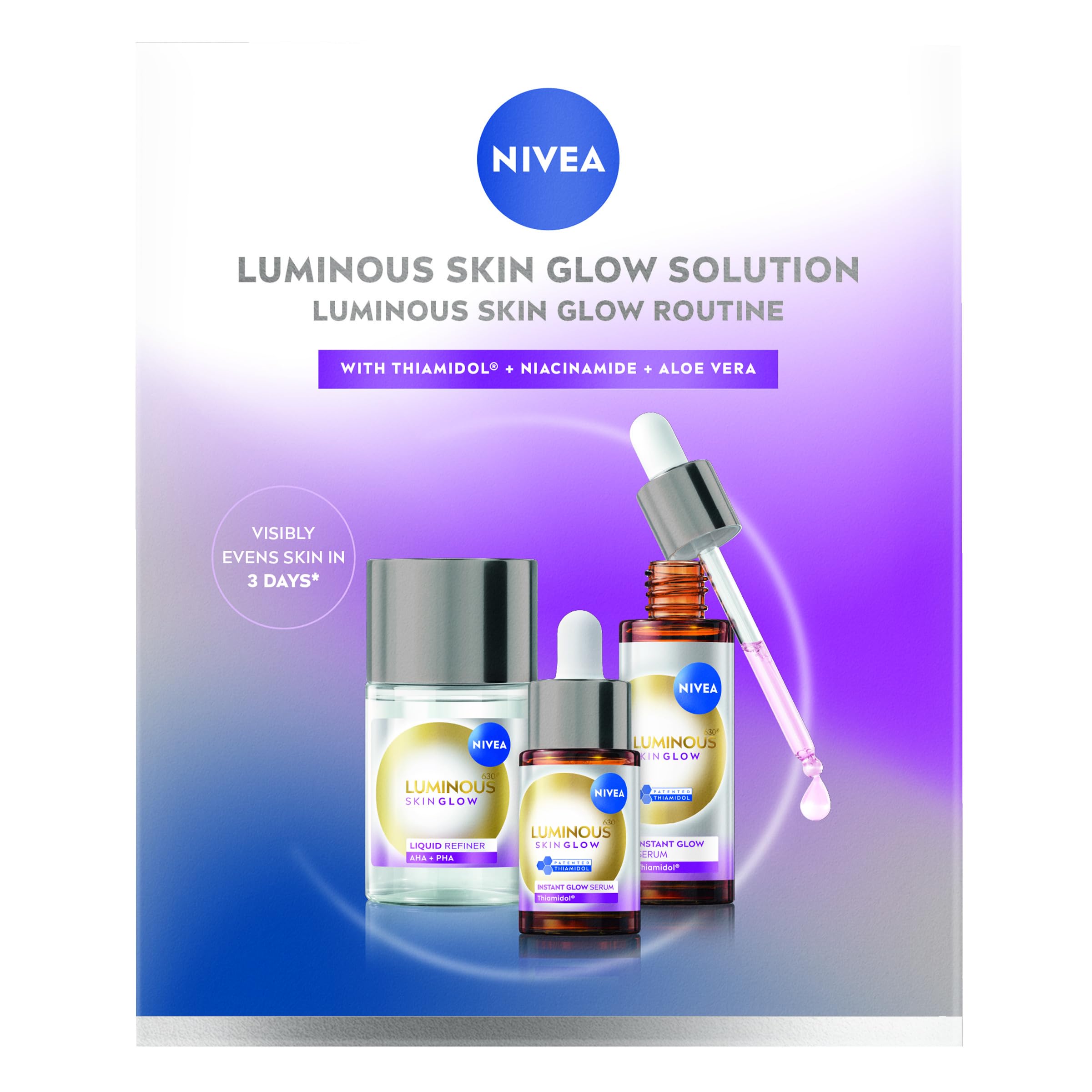 NIVEA Luminous630 Skin Glow Set, Gesichtspflege Set mit Feuchtigkeitsserum (1 × 30 ml & 1 × 15 ml) und Liquid Refiner (100 ml), Gesichtsserum und AHA Peeling für strahlende Haut