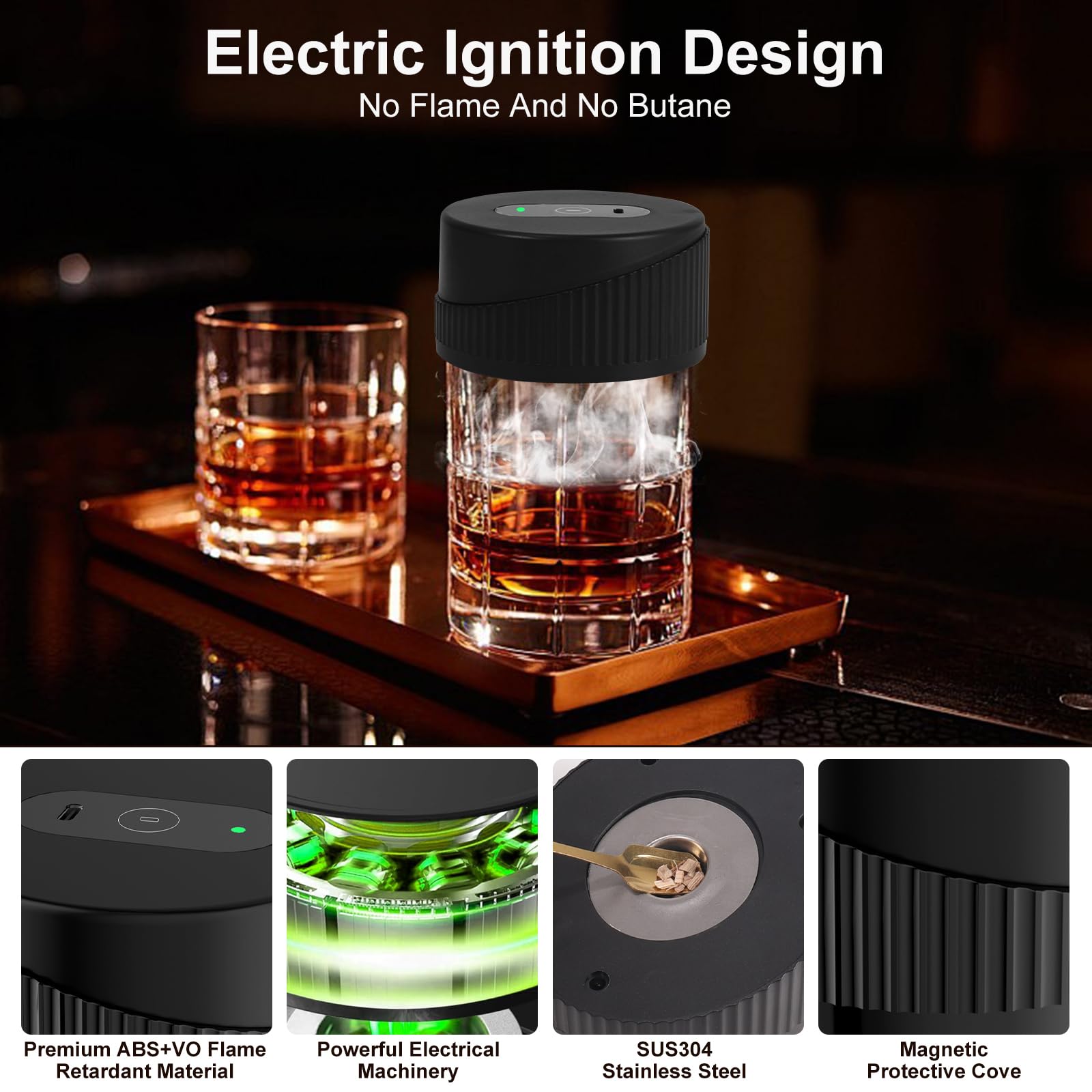 Whiskey Smoker Kit, Electric Cocktail Smoker Kit with 6 Flavors Wood Chips, Rechargeable, No Butane Needed, Birthday Christmas Bourbon Whiskey Gifts for Men,Dad,Husband (Black)