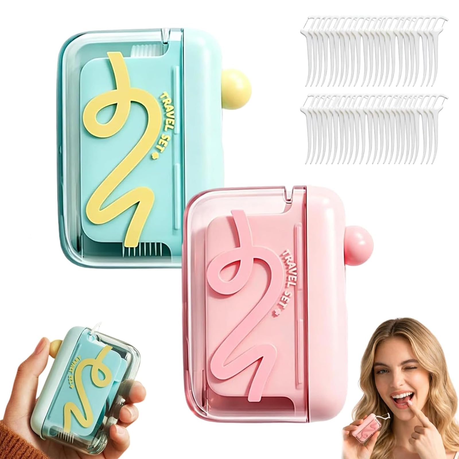 Photo 1 of 2pc Automatic Pop-up Portable Floss Dispenser with 10 Pcs Dental Floss, Refillable for Home, Restaurant, and On-the-Go Oral Care (Pink+Blue)