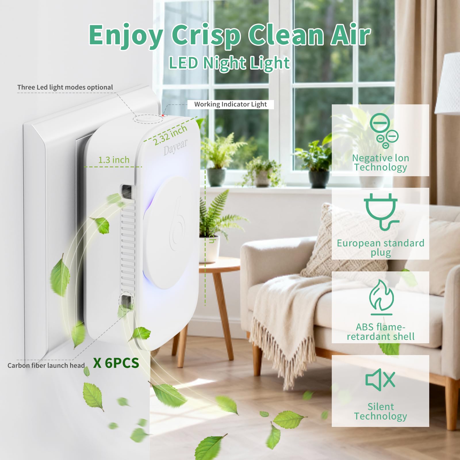 Ionisator Luftreiniger Ultras Leiser, Filterlos 3Pcs Air Purifier | Plug and Play Negativ Ionen Luftreiniger für wohnung, Rauch, Haustiere, Büro, Zimmer, mit 3 Led Licht Modi, ABS 94V0