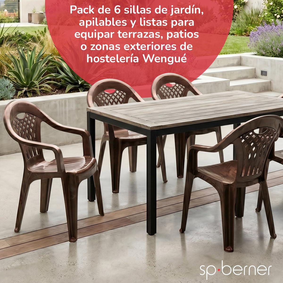 SP Berner SHAF - Pack 6 Sillas de Jardín Apilables - Exterior Terraza o Eventos - Plástico Reciclado Resistente UV - Fabricadas en España - Modelo Cancún - Wengué
