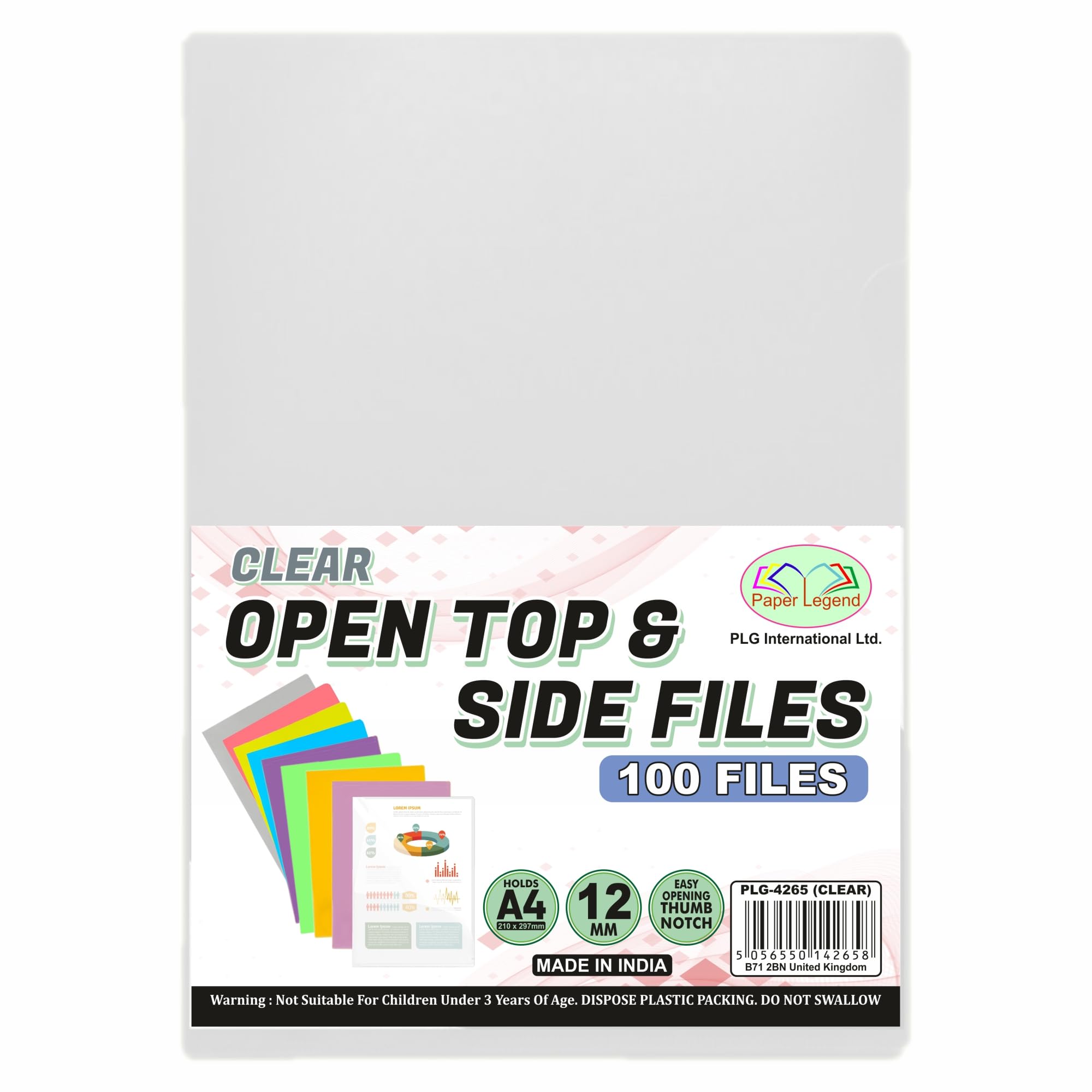 (100 Pcs) A4 Cut Flush - Open Top & Side Files L Type Folder to Protect Files 12mm Transparent Plastic Wallet Sleeves Gloss & Plain Project Presentation Cover Thumb Notch for Paper Storage (Clear)