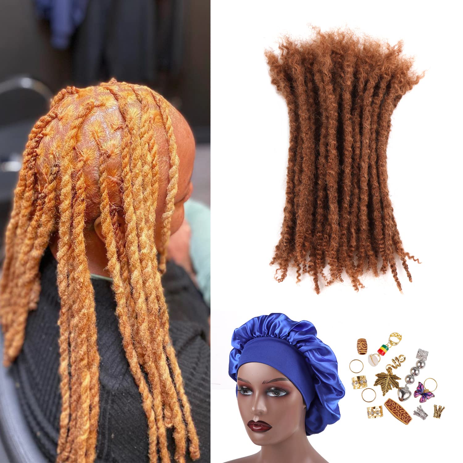 Textured Loc Extensions Human Hair with Curly Ends, Full Handmade Human Hair Dreadlock Extensions for Women/Men, Can Be Curled and Bleached (#1B_613, 10 Inch 0.6cm 20 Strands)
