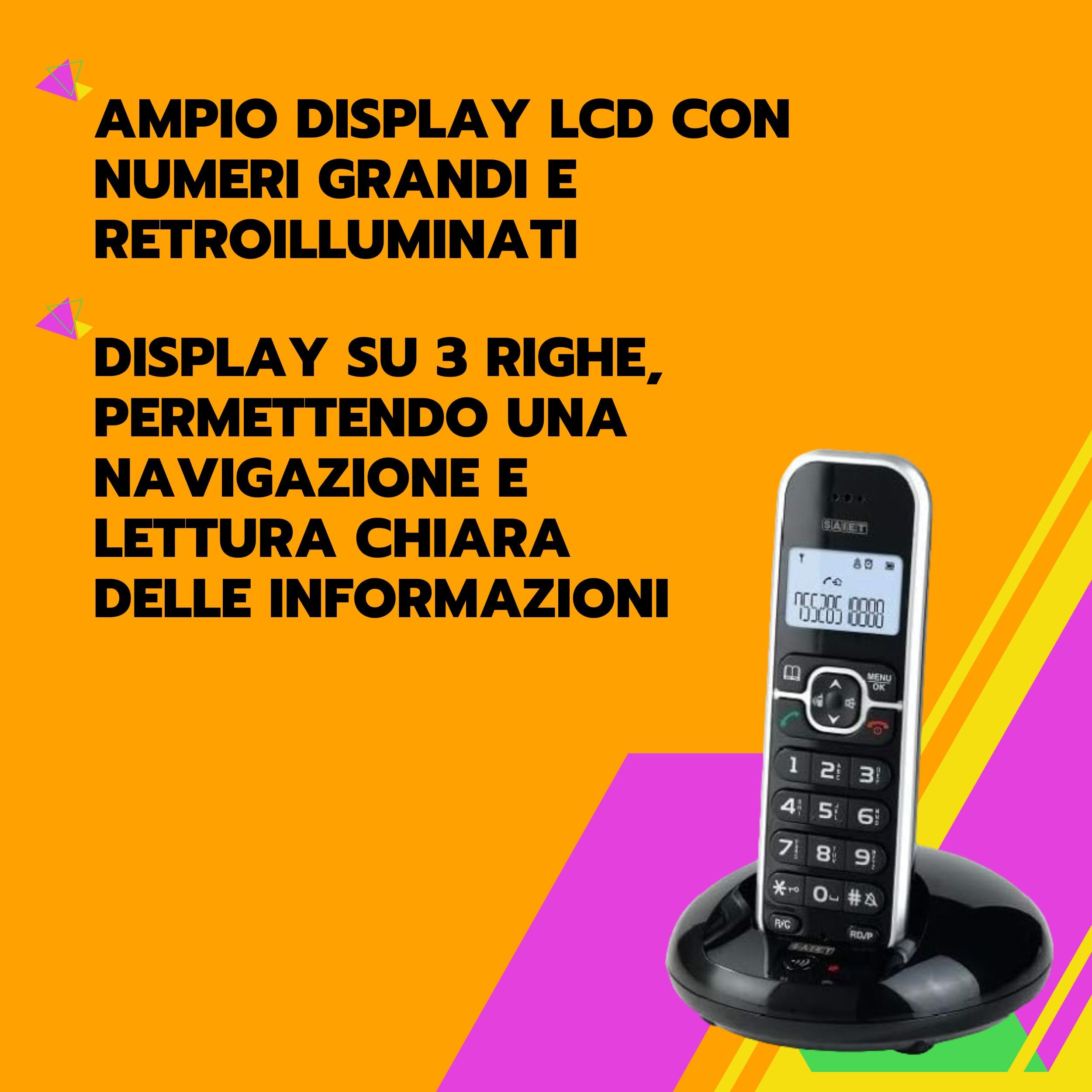SAIET - Telefono Cordless Casa e Ufficio 3660 LEM - con Vivavoce e Audio Amplificato - con Tasti Grandi e Schermo Intuitivo