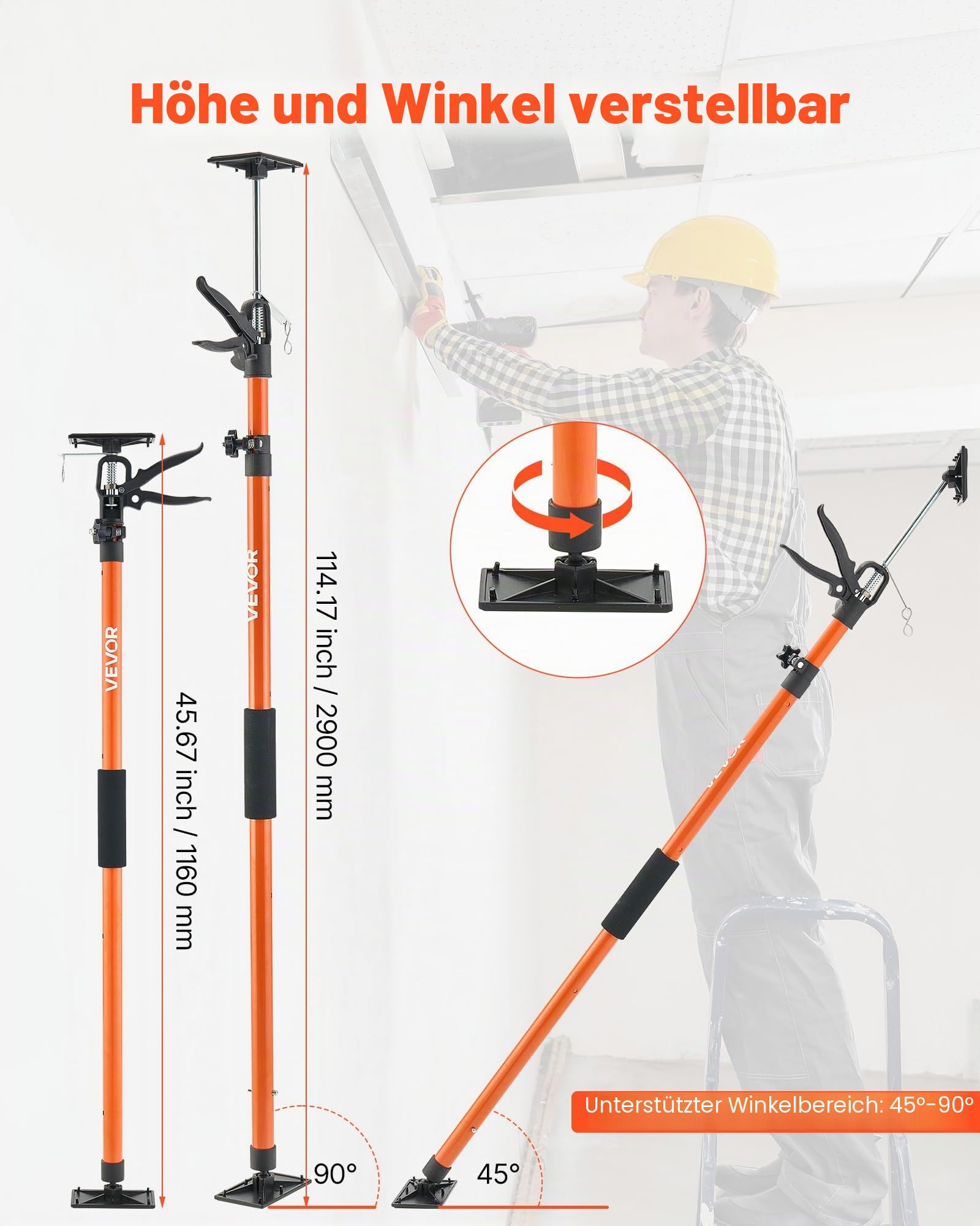 VEVOR Einhandstütze, 2 Stk., Deckenstütze 116–290cm, Teleskopstütze aus Stahl, Montagestütze bis zu 70kg Kapazität zum Installieren von Schränken, Anheben von Trockenbauwänden, Frachtstangen