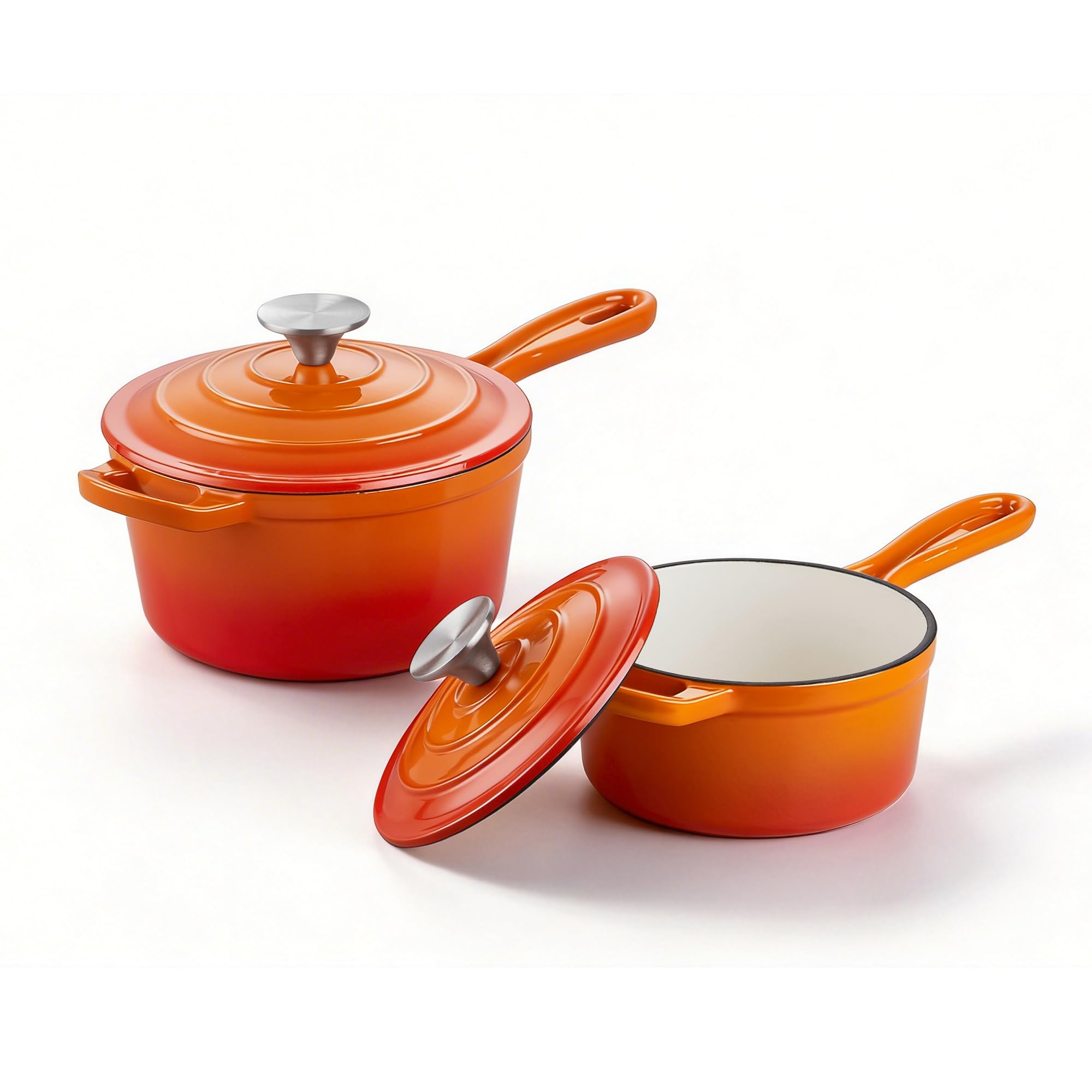 Homikit 1 QT &amp; 2 QT Saucepan Set, Enameled Cast Iron Saucepan with Lid for All Cooktops, Small Pot Mini Dutch Oven for Kitchen Cooking, Boiling, Nonstick &amp; Heavy Duty, Flame Orange