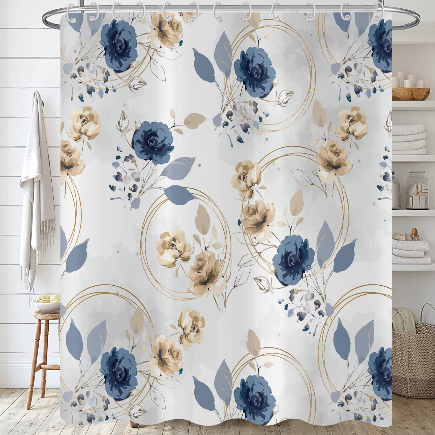 Hnmdmyi Floral Shower Curtain 150x180, Blue Beige Watercolor Flower Leaves Shower Curtains Modern Minimalist Decorative Bathroom Curtains Waterproof Polyester Fabric Washable Bath Curtains with Hooks — image 1