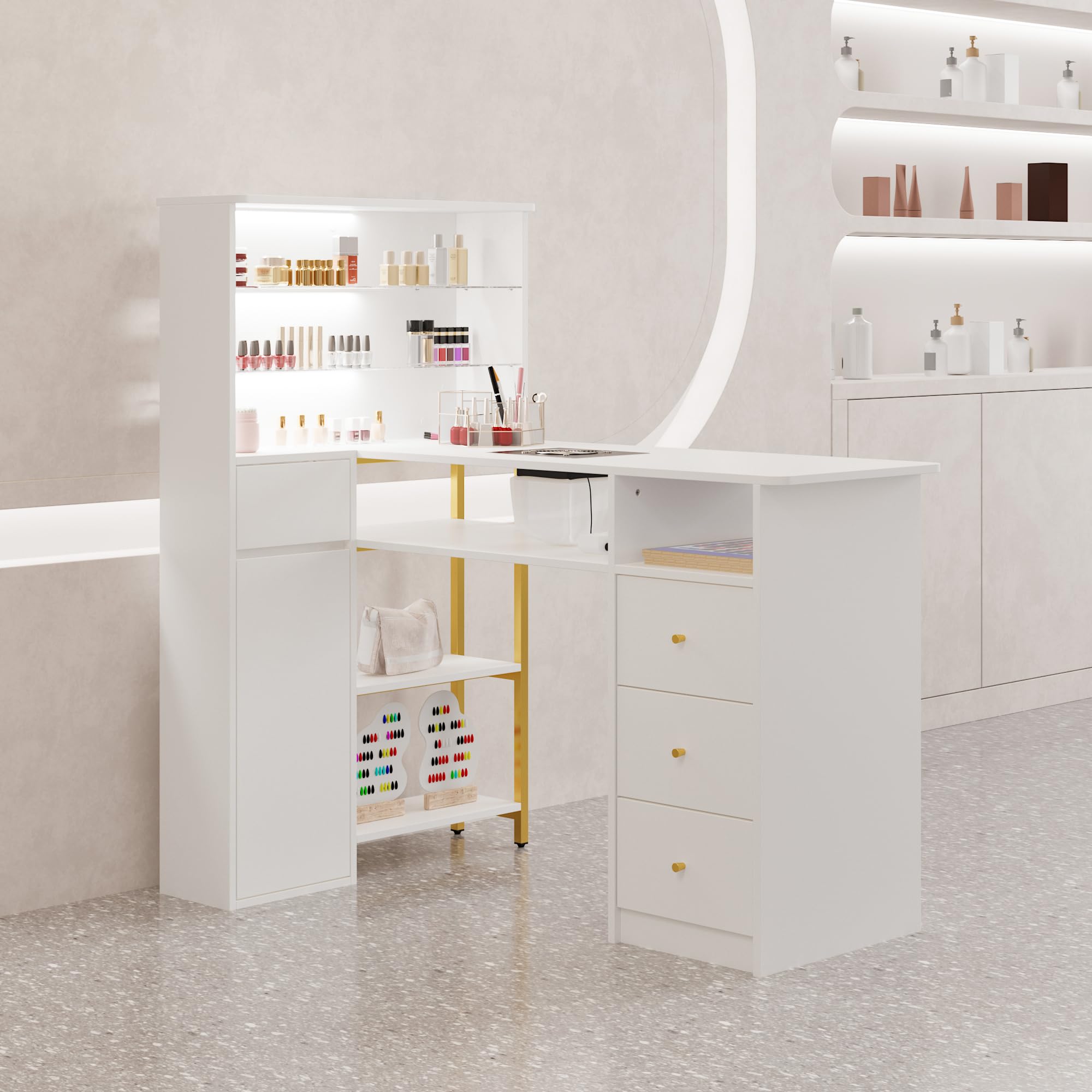 Mesa de manicura con aspiradora mesa de uñas 6 estantes de cristal, mesa de cuidado de uñas con LED y 4 cajones mesa manicura profesional 120x42.9x126.5cm para salón de manicura y belleza, color
