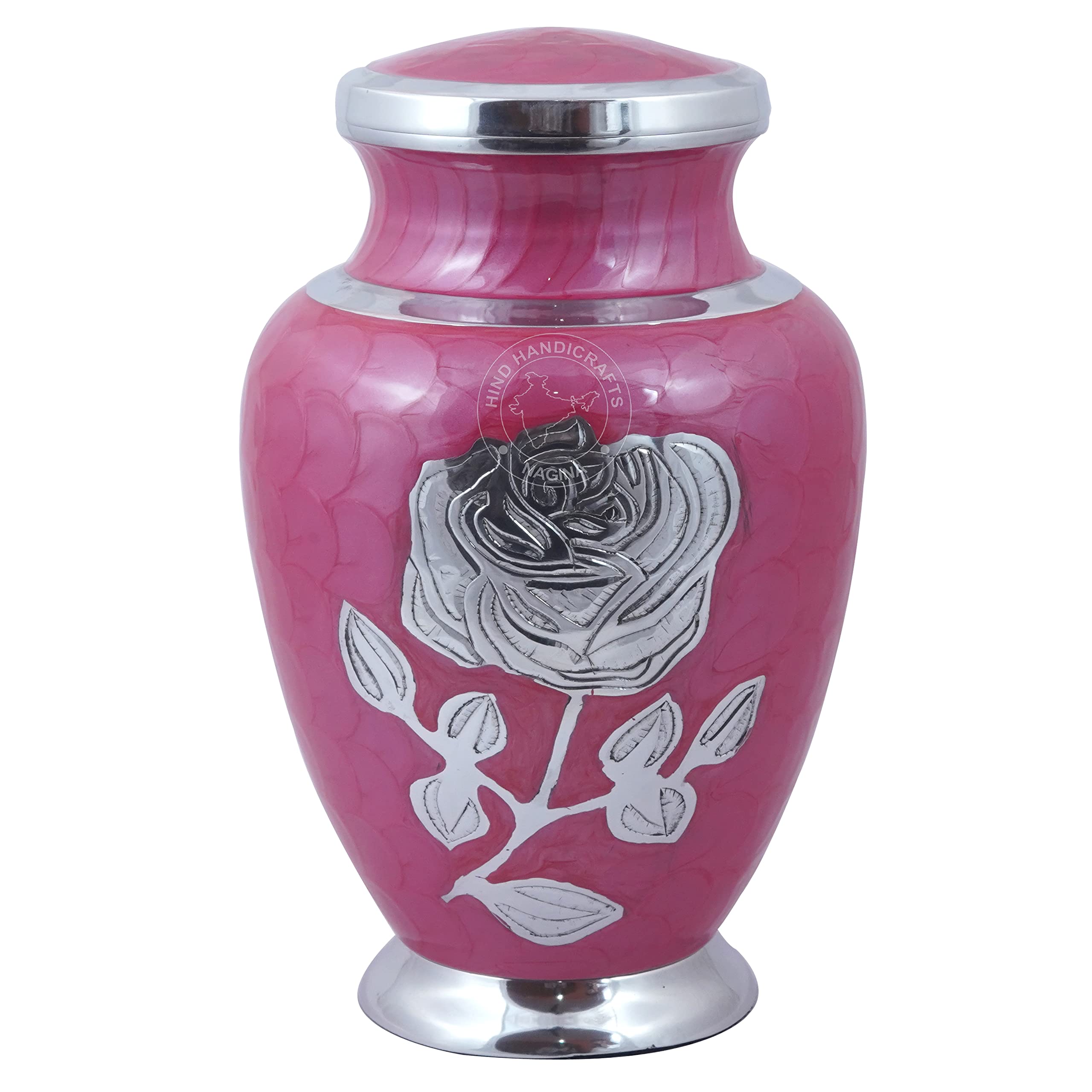 Hind Handicrafts Silver Rose Engraved Cremation Urn for Human Ashes Adult Funeral Urn Handcrafted - Large Burial Urn for Human Ashes - Bag Included (200 LBS, Pearl Pink)