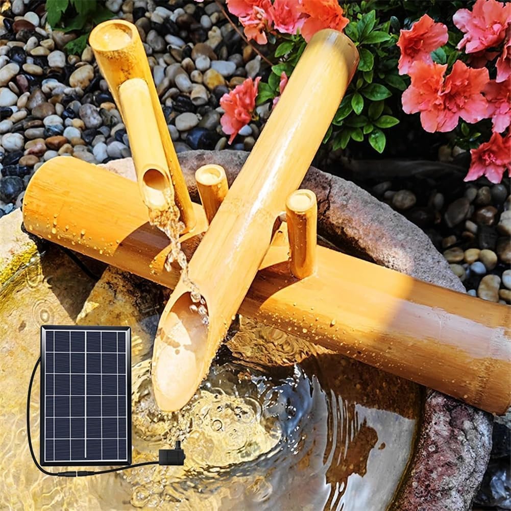 Fontana solare in bambù impilabile per decorazione di acqua da giardino all'aperto, pannello solare da 6 W e pompa sommergibile inclusa, alimentazione senza fili, 100% fatta a mano