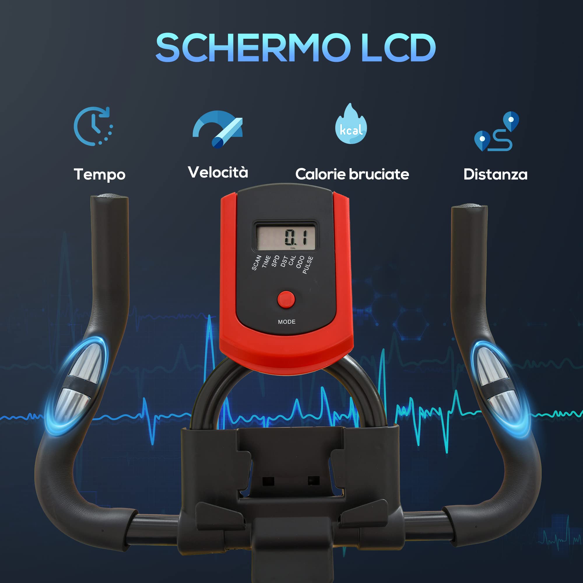 HOMCOM Cyclette da Casa con Resistenza Regolabile, Cyclette Professionale da Camera con Sella e Manubrio Regolabile, Monitor LCD, Sensore Battito Cardiaco Porta Celullare e Volano 6kg, Max.100kg