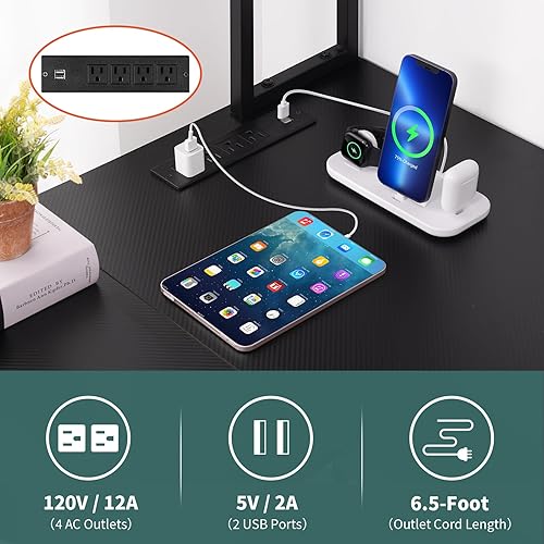 Miniatura 36 de Yoobure Escritorio en forma de L para juegos con tira LED y toma de corriente, escritorio reversible en forma de L con estante de almacenamiento y