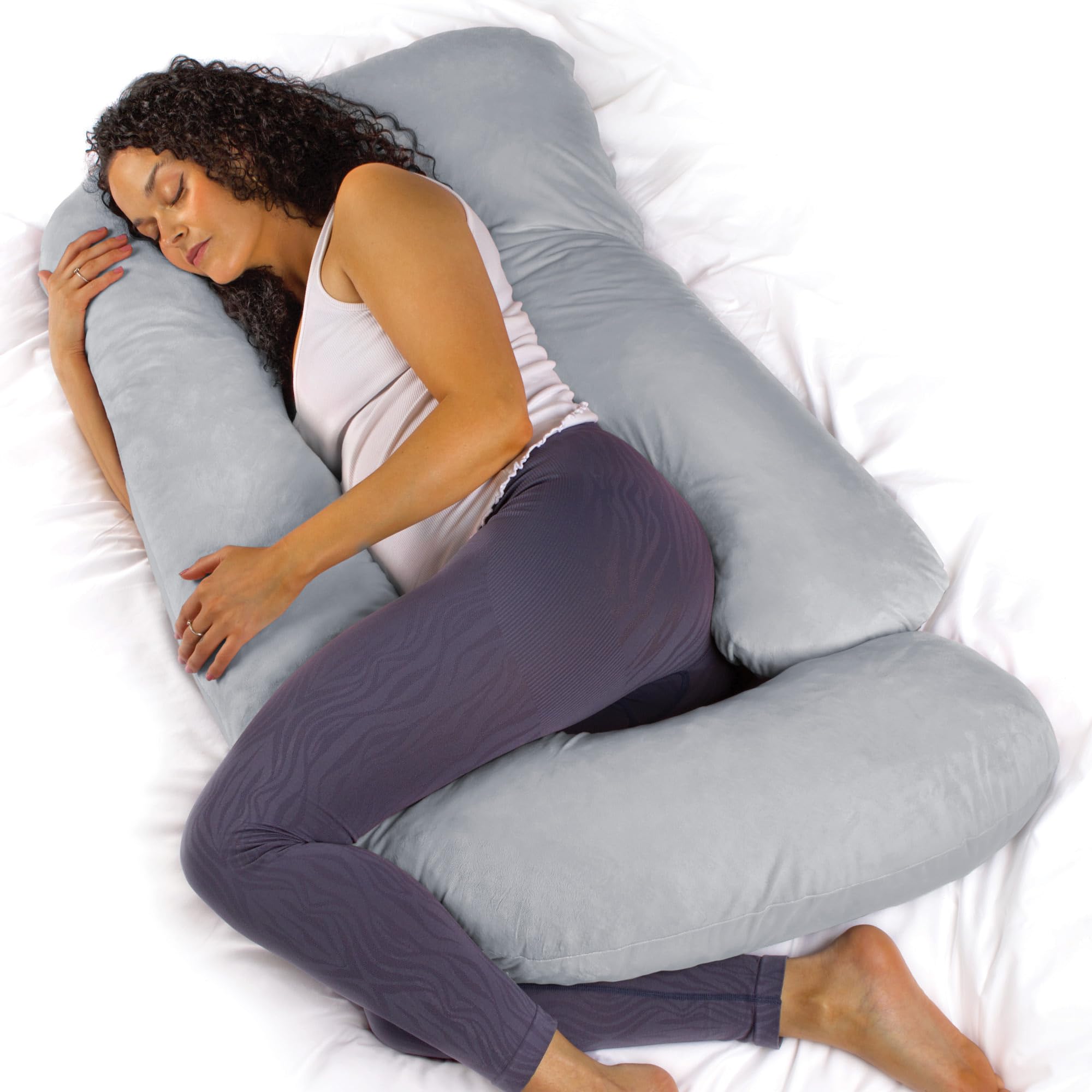 Aamira J Shaped Pregnancy Pillow, Memory Foam, Velvet Cover, Light Grey | 140 x 70 x 20cm maternity pillow with shredded memory foam, full-body J-shape support and removable machine-washable cover.