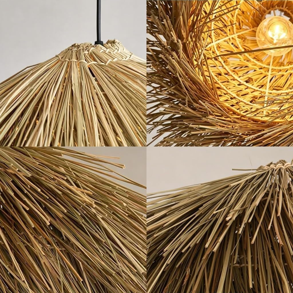 Pendelleuchte E27 Kreative Hängeleuchte Aus Rattan Handgewebt Hutform Vintage Bohemian-Stil Höhenverstellbare Deckenlampe Esstisch Lamp Für Esszimmer Wohnzimmer Schlafzimmer