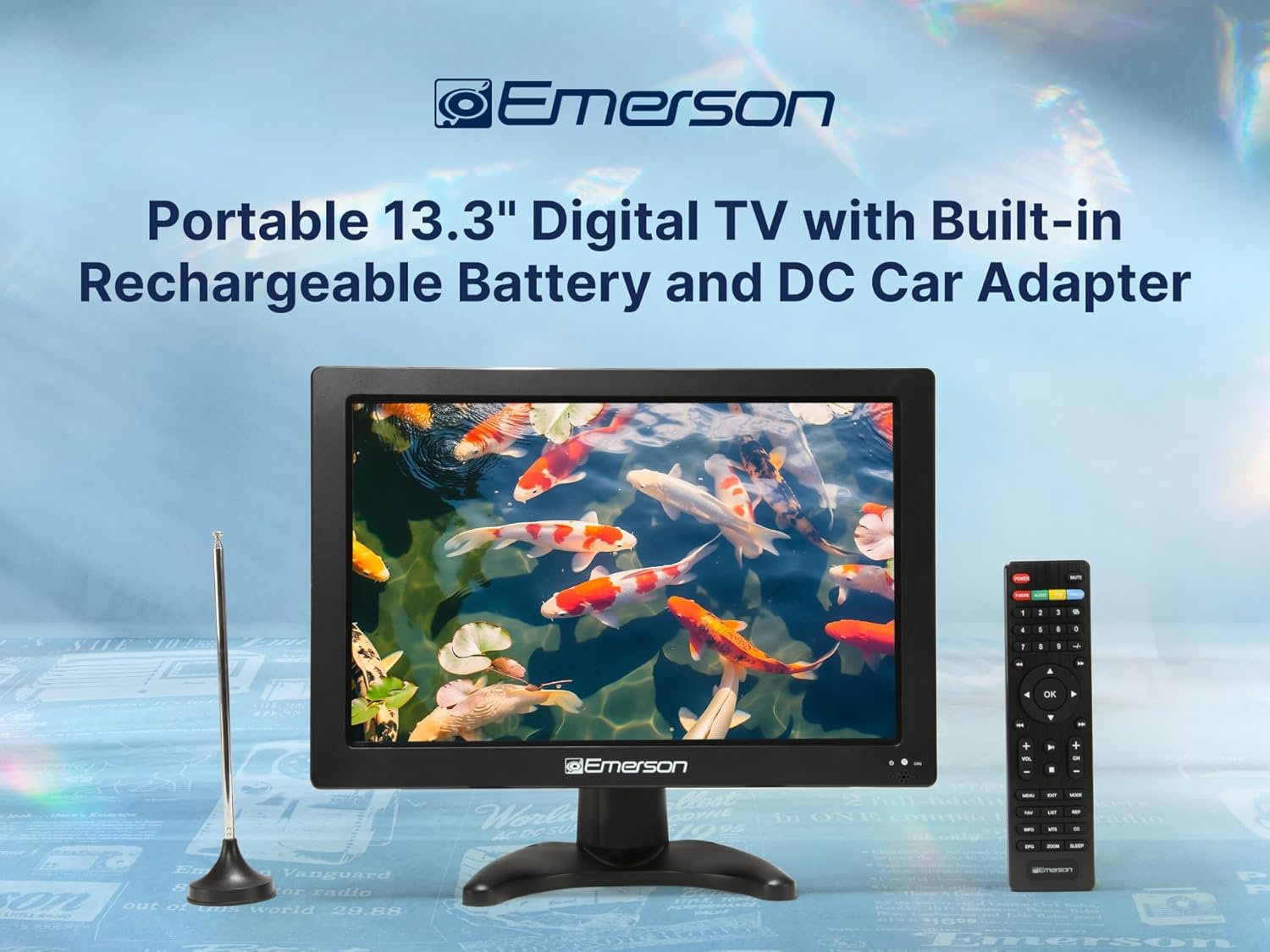 Emerson ET-1300 13.3" Portable Digital TV with Built-in Rechargeable Battery, DC Car Adapter, HDMI, USB, and AV Inputs, Crystal-Clear HD Display, Compact for Travel, Tailgating, and Camping