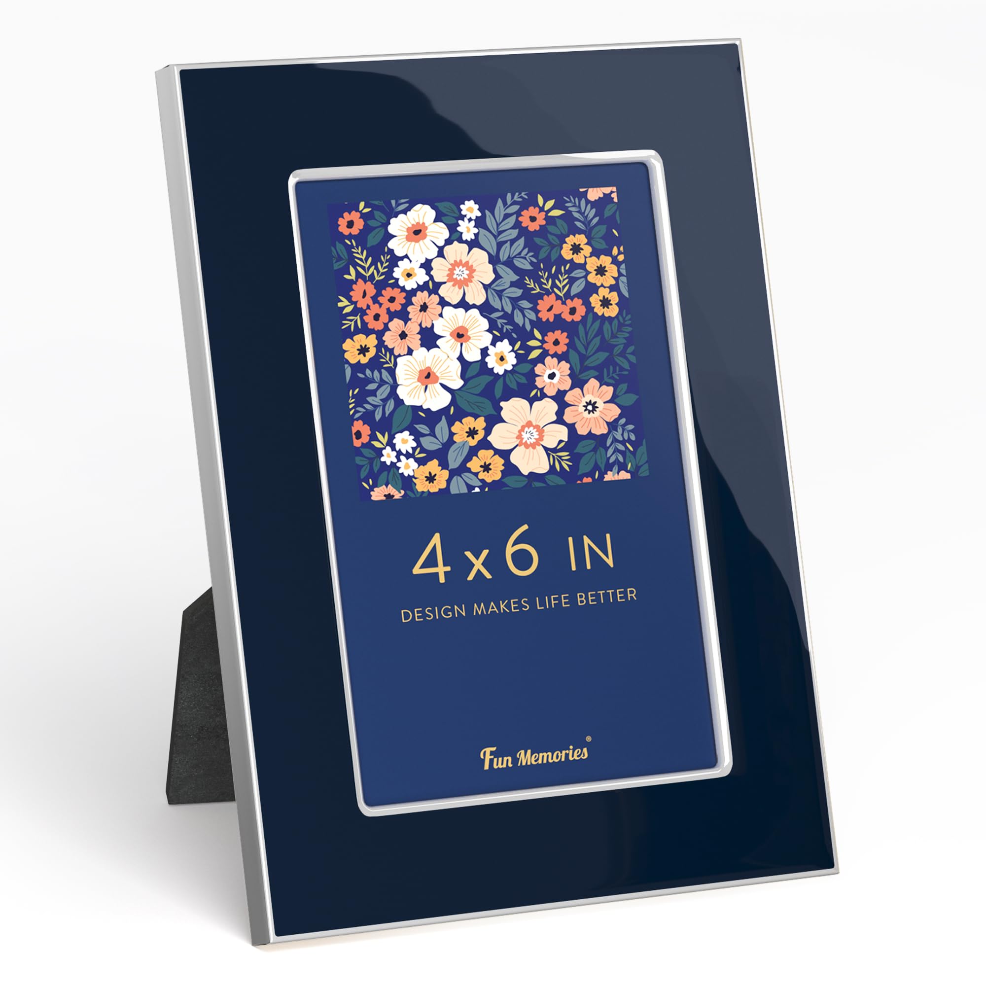 Fun Memories 4x6 Enamel Picture Frame with HD-Tempered Glass, Silver Metal Edge with Easel, Vertical & Horizontal Display, Wall and Tabletop Display