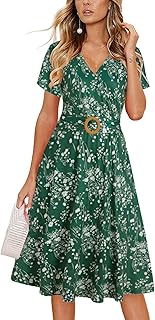 Women's Elegant Criss-Cross V Neck Vintage Short Sleeve Work Casual Fit and Flare Tea Dress with Pockets 980 - Buy now