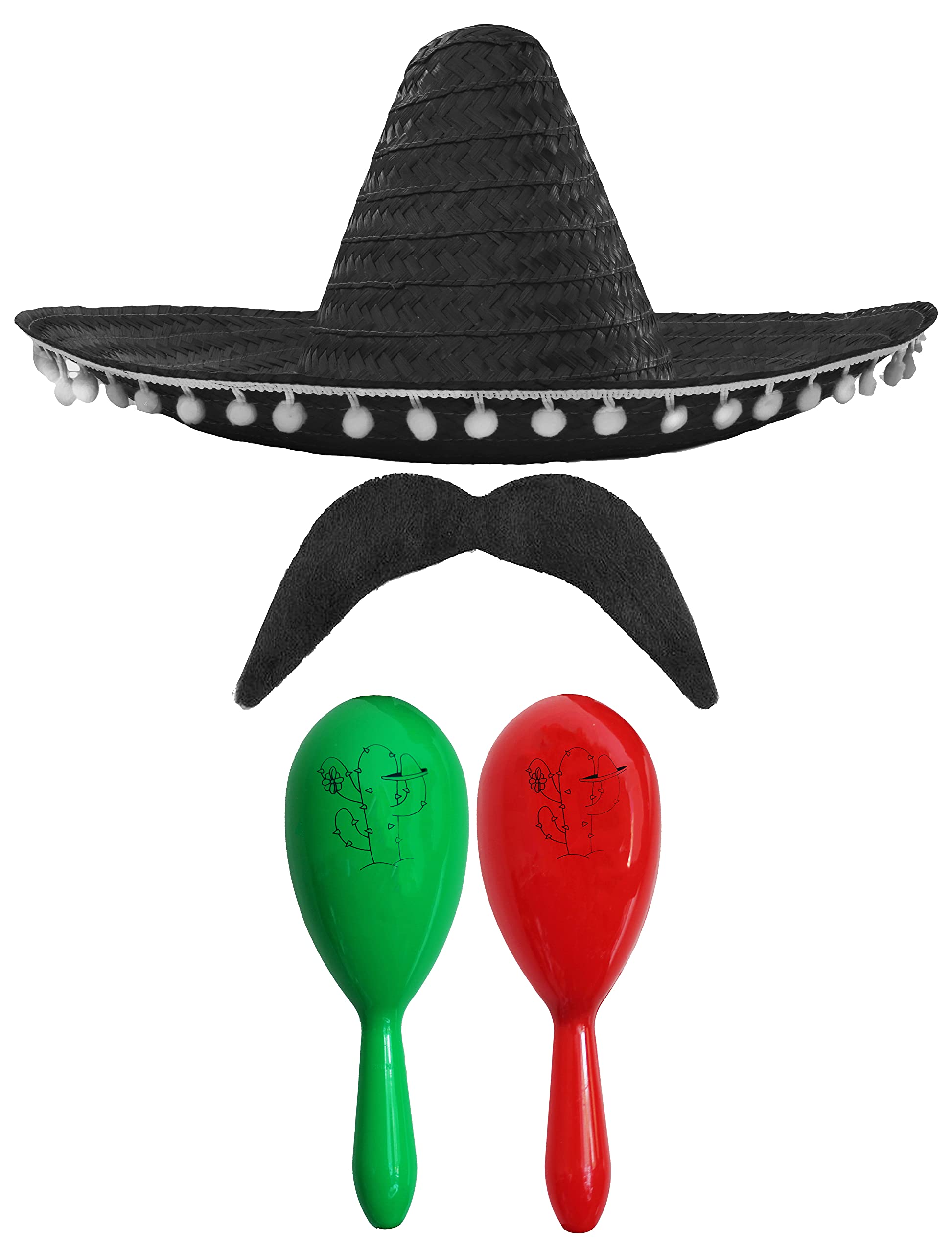 Adults Mexican Accessory Set - Black Mexican Sombrero, Green & Red Maracas, Moustache - Mexican Cinco de Mayo Sensorita Bandit Mariachi Fancy Dress Costume Accessory Set