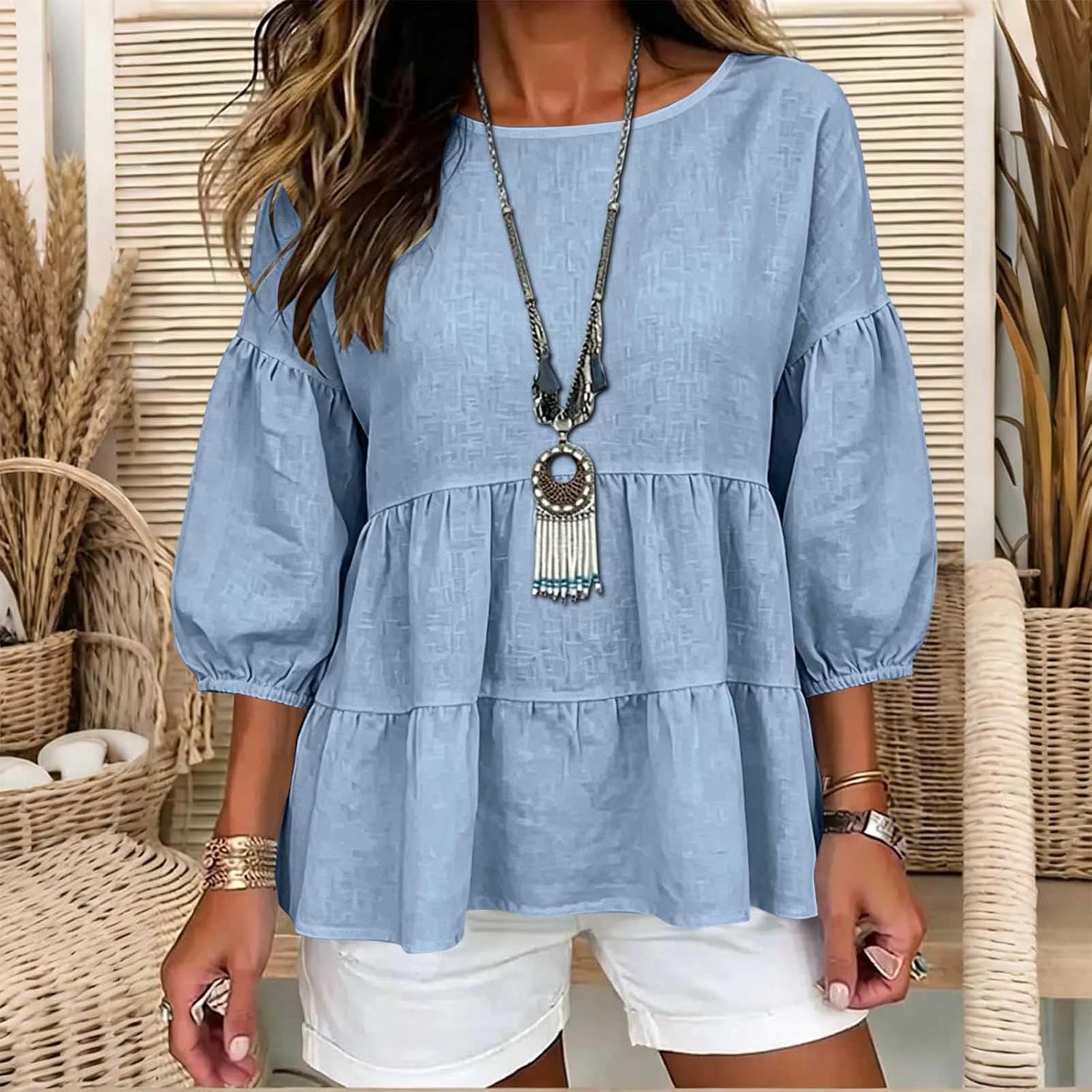 Women Linen Top Casual Puff Half Sleeve Tunic Peplum T Shirts | Flowy Crew Neck Loose Fit Pleated Fashion Blouses Solid Plus Size Peasant Tees Travel Vacation Outfits