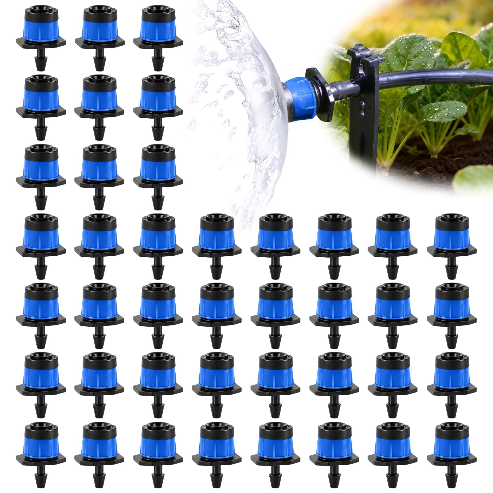 100PCS 1/4" Adjustable Drip Irrigation Emitters, Kalolary 4/7mm Anti-Clogging Water Flow Drippers Micro Drip Irrigation Sprinklers for Water Tube 360 Degree Emitter for Watering System (Blue, Vortex)
