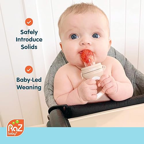 Miniatura 2 de RaZbaby Chupete alimentador de frutas congeladas y sólidos para bebés, juguete mordedor para bebés de 6 meses, bolsa y pezón de silicona sin BPA,