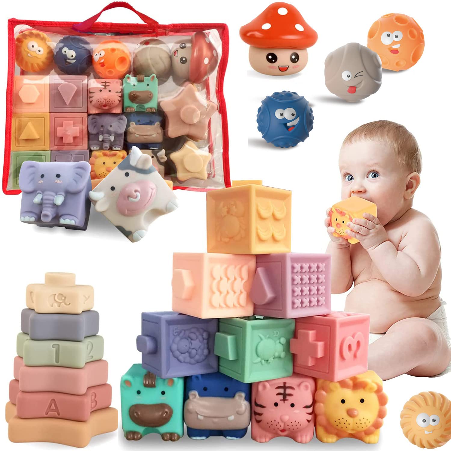 Soft Baby Blocks 6 to 12 Months and Up,Sensory baby stacking toys Babies Bath Toy,Infant Stacking Building Blocks Rings Balls for Boys Girls Teething Toy Play,Animals Fruit Textures Squeeze Block Set