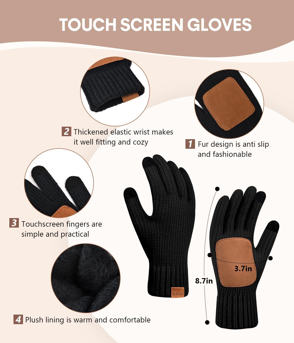 Womens Winter Beanie Hat with Pom and Touchscreen Gloves Set，Soft Warm Knit Cap and Gloves with Faux Suede for Cold Weather image 4