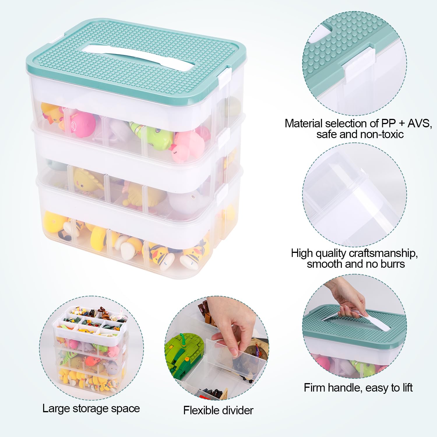 BOXOB Contenitore Giocattoli per Lego, Contenitore per Blocchi di Costruzione a 3 Strati Impilabile a Scomparti Selezionatore Puzzle per Mattoncini Scatola Smistamento Giocattoli (Verde Oliva)