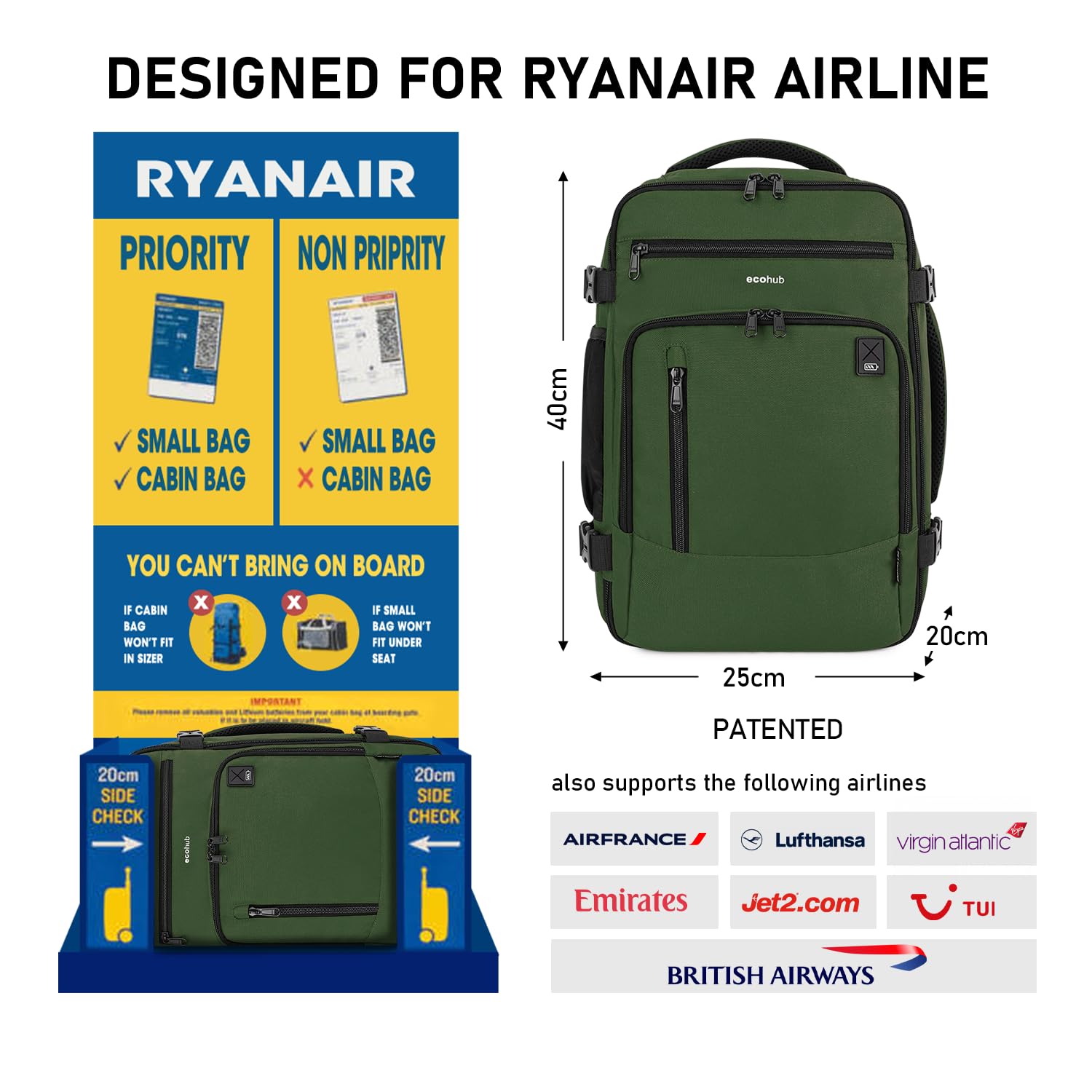 ECOHUB Zaino Ryanair 40x20x25 Bagaglio a Mano 40x20x25 Ryanair Zaino da Viaggio Valigia Bagaglio a Mano Borsa da Viaggio Borsa tote ecologica in PET riciclato da 20 litri,Brevettato(Verde)
