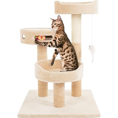 PETMAKER 3-Tier Cat Tower Collection - 2 Carpeted Napping Perches, Sisal Rope Scratching Post, Hanging Mouse, and Interactive Cheese Wheel Toy