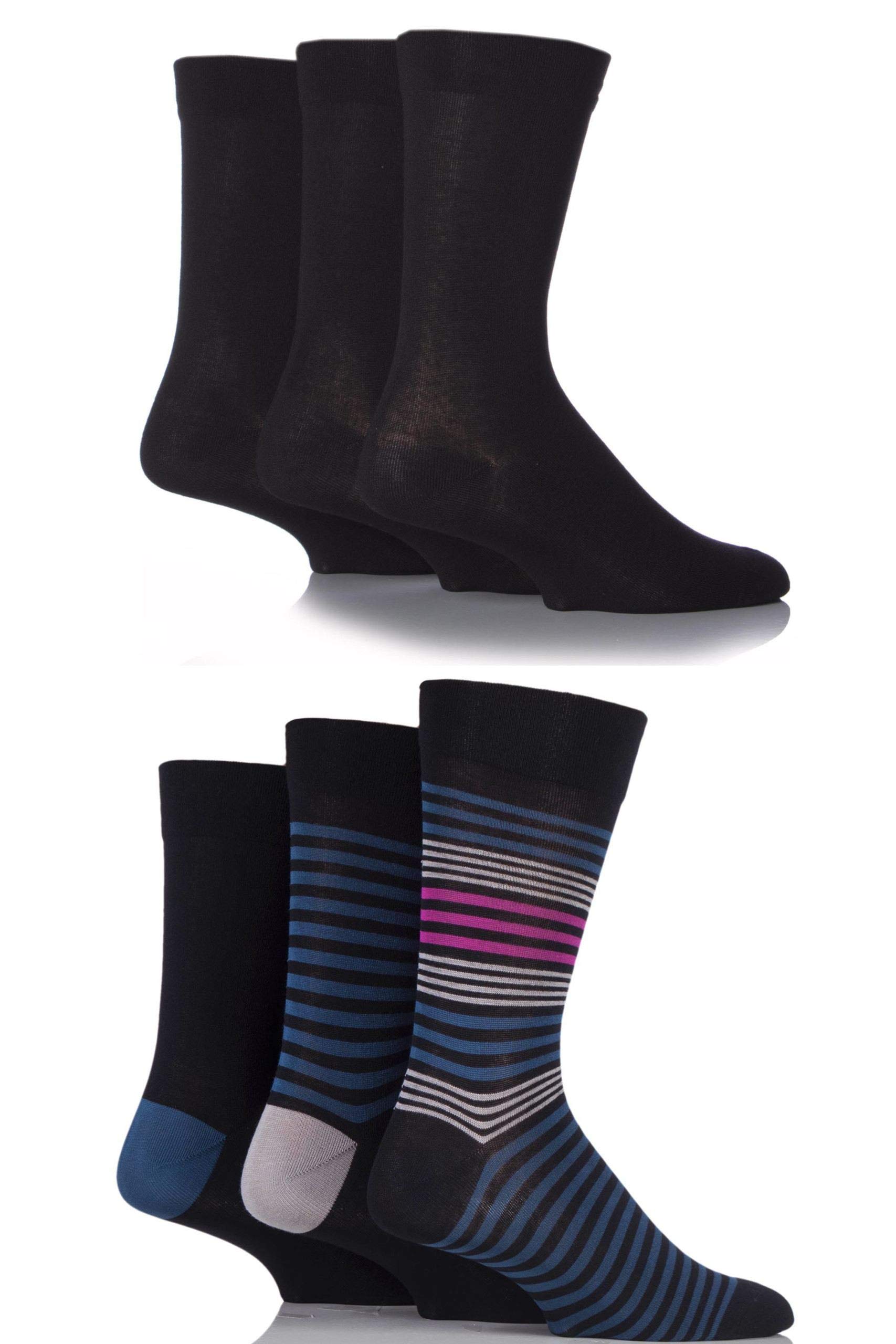 Sockshop Men's Teal Jewel Black 6 Pair Socks - Soft, Breathable & Cooling Bamboo Socks With A Gentle Comfort Cuff In Plains And Stripes, Bright And Colourful Multipack 7-11,
