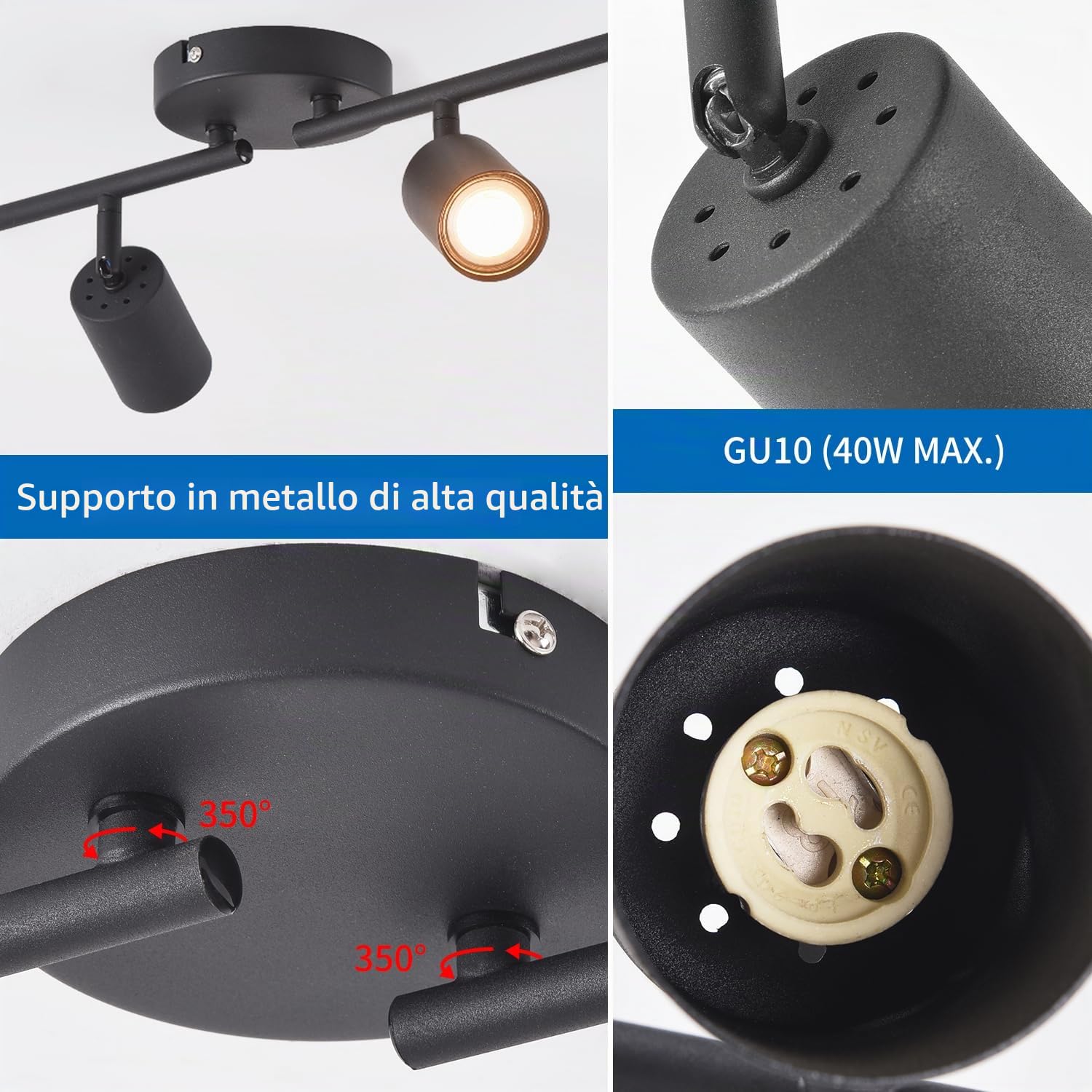 ANWIO Faretti da Soffitto Regolabili Base Rettangolare,Faretti da Parete,Plafoniera Vintage con 4 Faretti LED GU10,Lampadario,Lampada da Soffitto per Negozio,Cucina,Camera da Letto,Lampadine Escluse