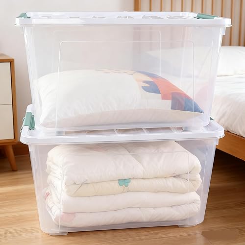 Miniatura 6 de Paquete de 4 cubos organizadores grandes de plástico transparente con tapas, 85 cuartos de galón, cajas apilables transparentes para dormitorio,