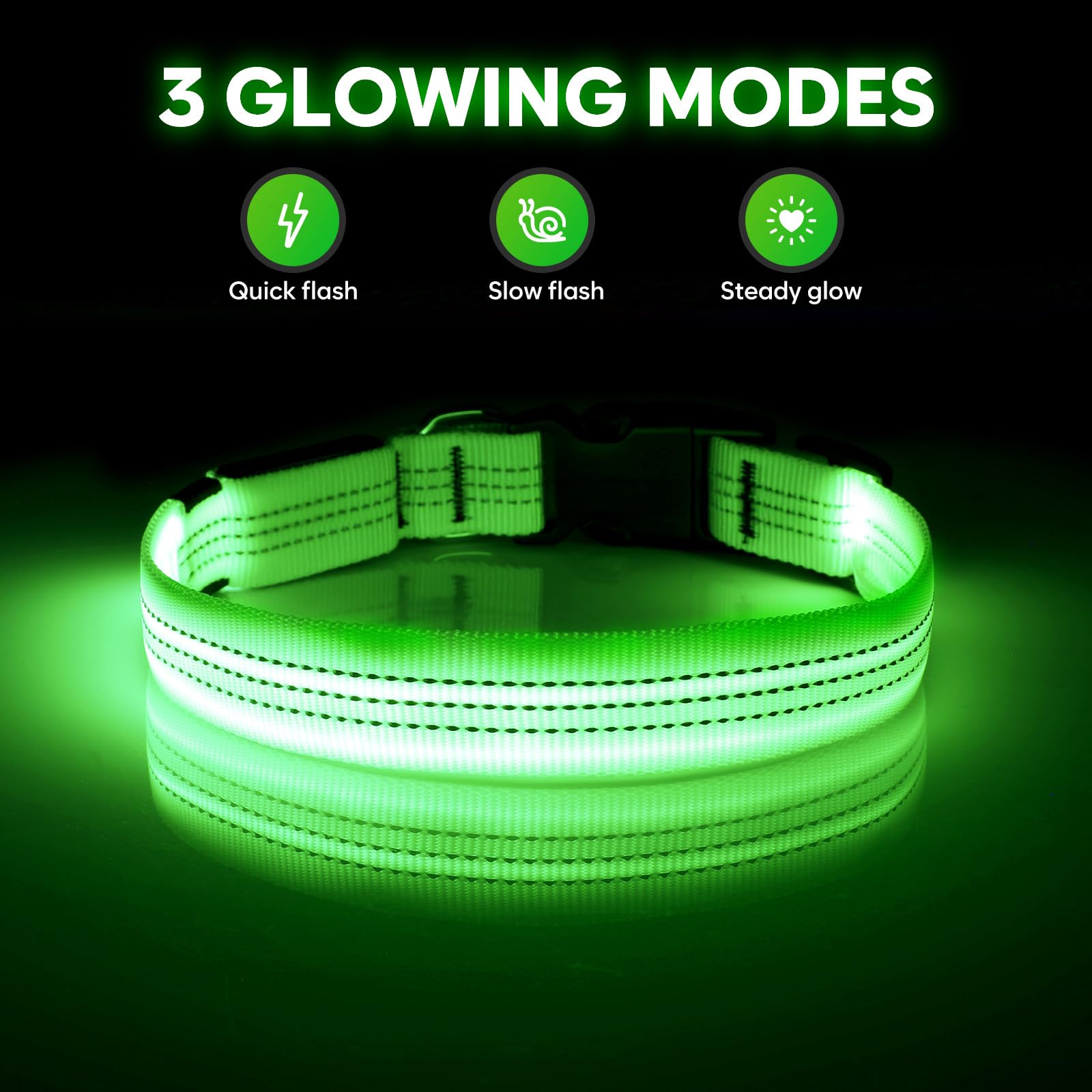 Collier pour chien Illumifun rechargeable par USB avec LED, collier lumineux réfléchissant pour chien, collier pour chien avec éclairage pour la marche nocturne (VertⅢ, Grand)