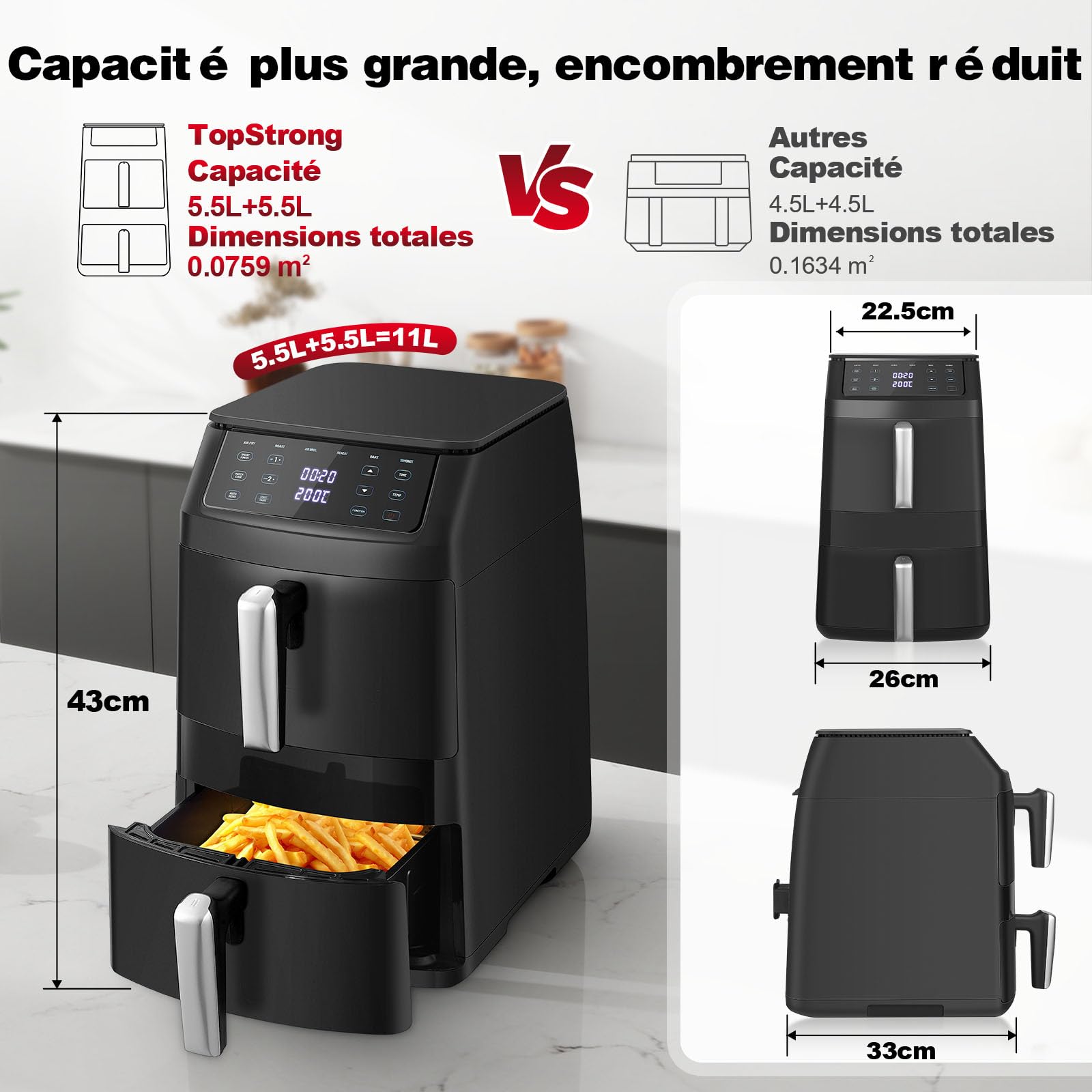 TopStrong Air Fryer XXL 11L, Friteuse Sans Huile Double Compartiment Superposé, Air Fryer 2 Compartiments, 2500W, 6 Fonctions, 8 Recettes, Lavable au Lave-Vaisselle, Économe en Énergie
