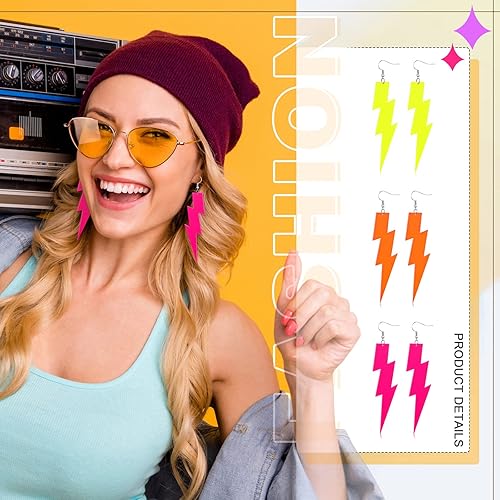 Miniatura 5 de Yinkin 6 pares de aretes de neón de los años 80 y 90 para mujer, aretes de neón retro para los años 80 y 90, accesorios de vestimenta para mujer, 6
