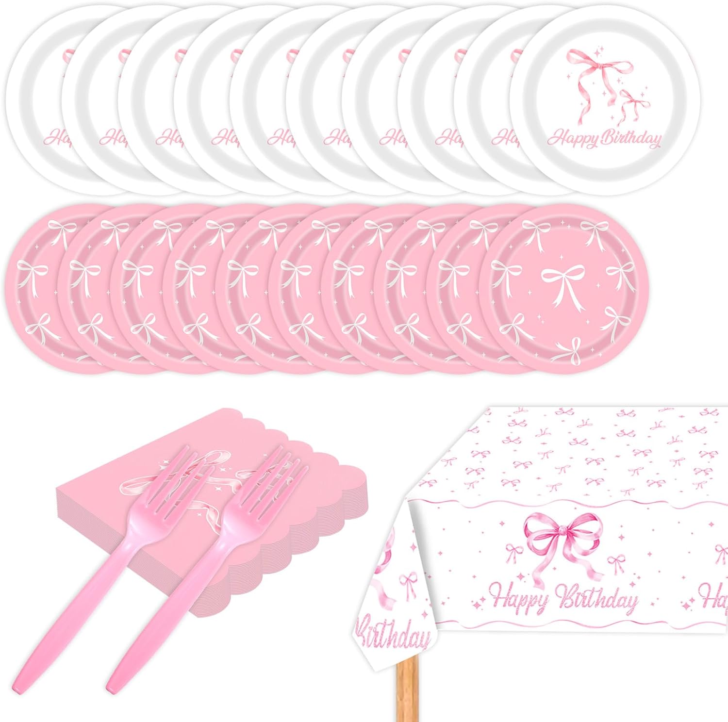 81 Pcs Pink Bow Birthday Supplies Coquette Birthday Decorations, Bow Plates Napkins Cups Tablecloth Balloons Bow Theme Tableware for Girls Bachelorette Party Baby Shower Decor, Serve 20