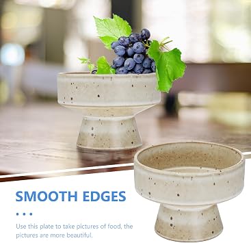 FOMIYES 450ml Rustic Ceramic Fruit Plate with High Foot, Food Storage Tray and Dessert Serving Platter for Kitchen and Dining