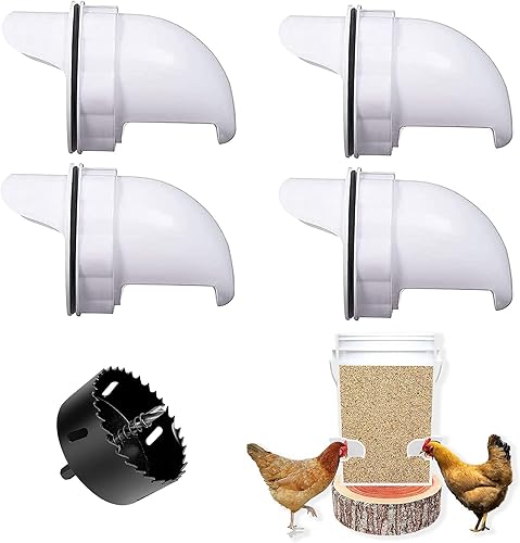 LUAUTO Chicken Feeder Automatic Port KitDIY Automatic Poultry Feeder 4 Ports 1 Hole Saw with Covers Gravity Feed Kit for Buckets Barrels Bins Troughs