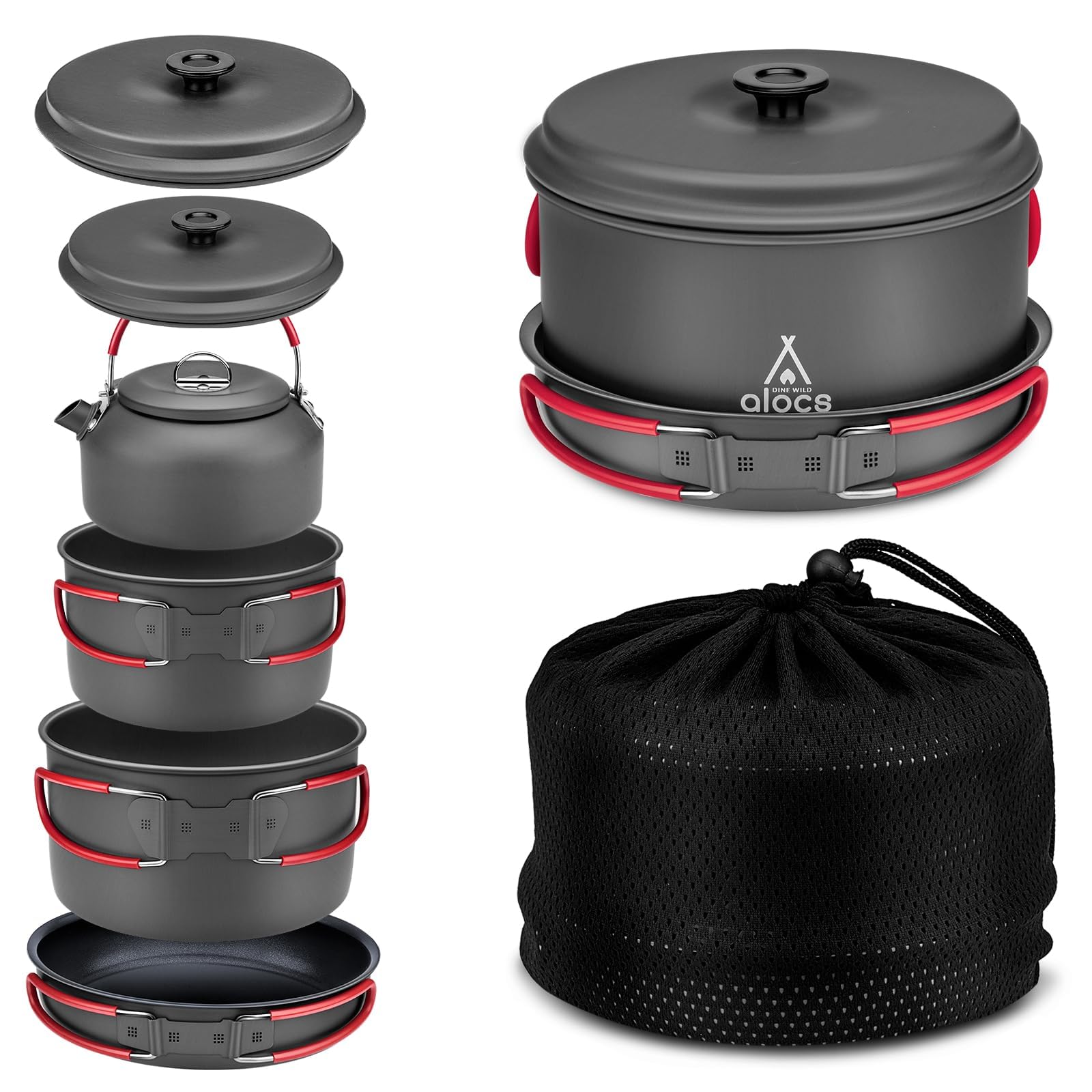 ALOCS compact camping cookware set with nested pots, kettle, and pan