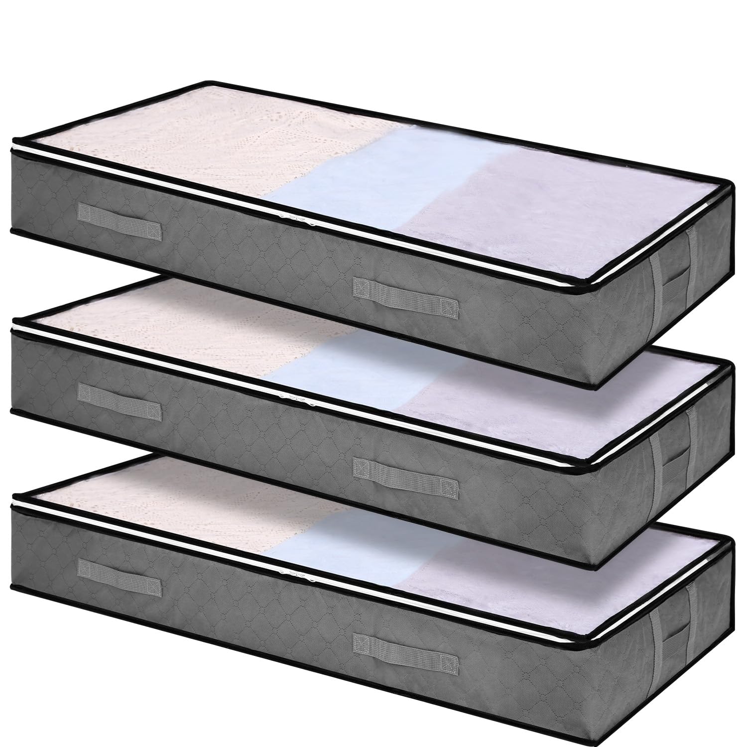 Zhufas 3 Piezas Cama Organizador Armario 90L Bolsas Almacenaje Ropa Debajo de La Cama Plegables Bajo Cama Bolsas con Ventana Transparente Bolsa de Almacenamiento Ropa para Toallas(Gris)