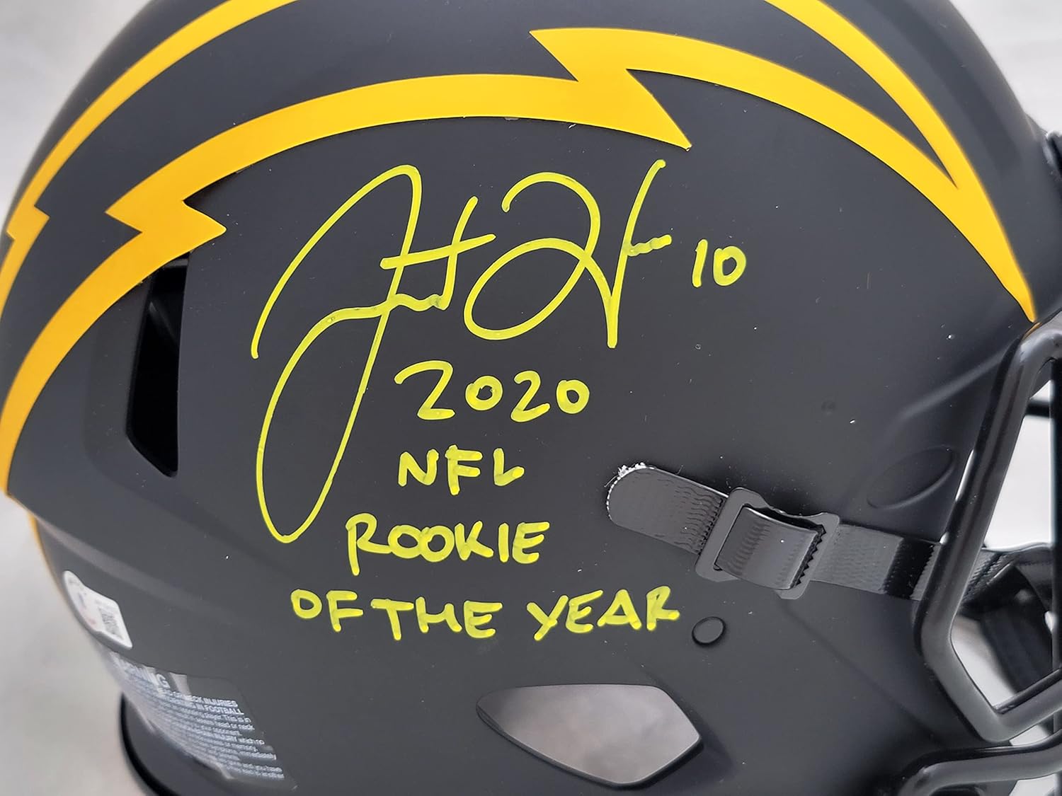Justin Herbert Autographed Eclipse Black Full Size Authentic Speed Football Helmet "2020 N.F.L Rookie Of The Year" (Scuffed) Beckett BAS Witness Stock #206931