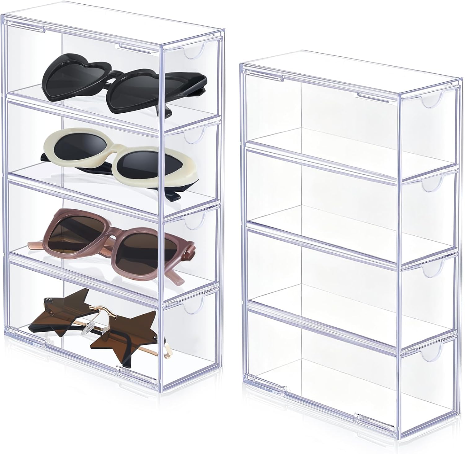Sintuff 2 Pieces Acrylic Sunglass Organizer Clear Sunglass Holder with 4 Drawers Glasses Organizer for Women Clear Eyeglass Holder Eyewear Display Case Multiple Pair for Glasses Jewelry Watch Storage