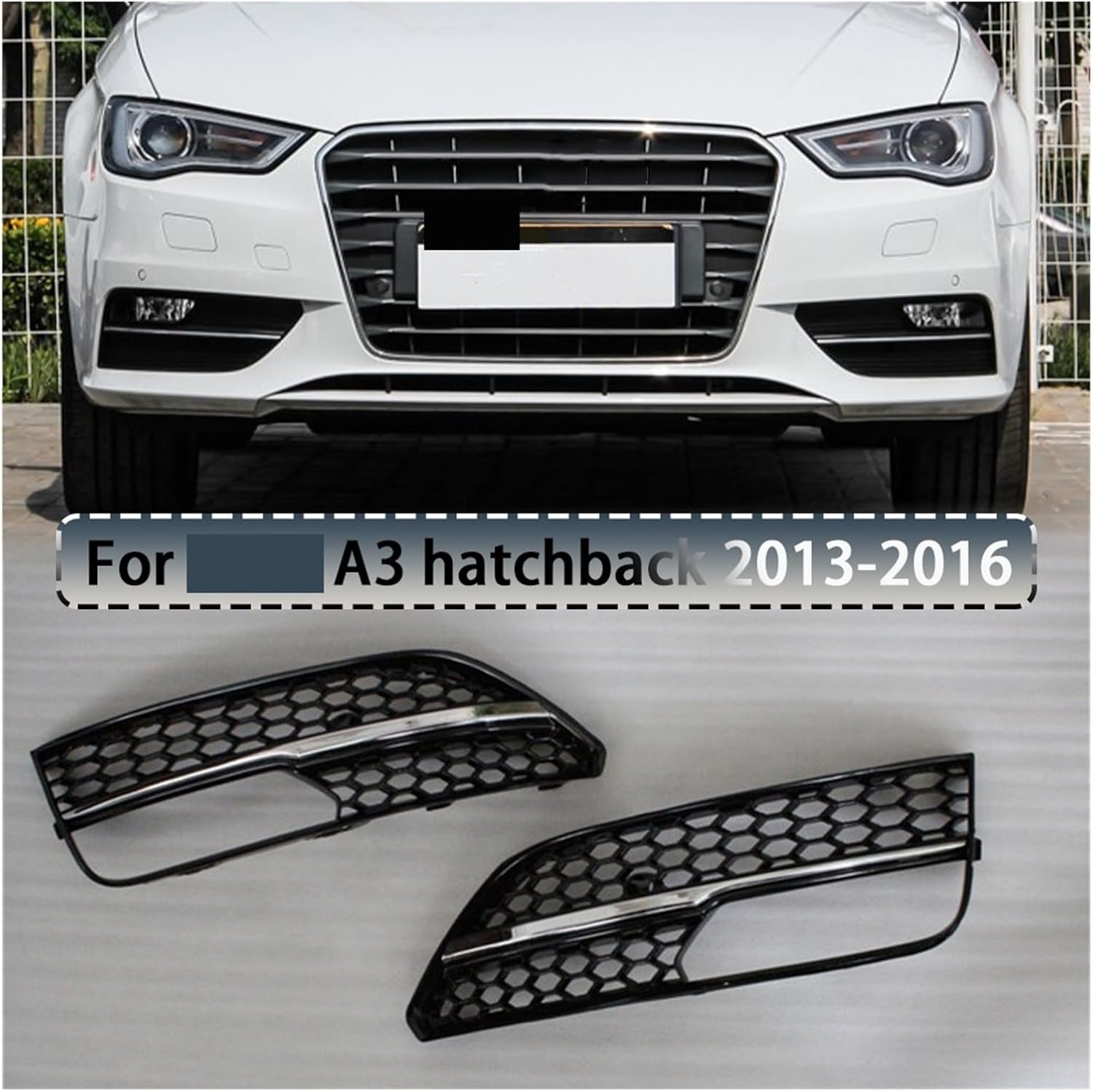 Right Side Car Front Bumper Fog Light Lamp Grille Grill Cover Mesh Honeycomb Hex Black/Sliver Fit For Audi A3 Hatchback 2013-2016 Fog Light Grille(Glossy Black)
