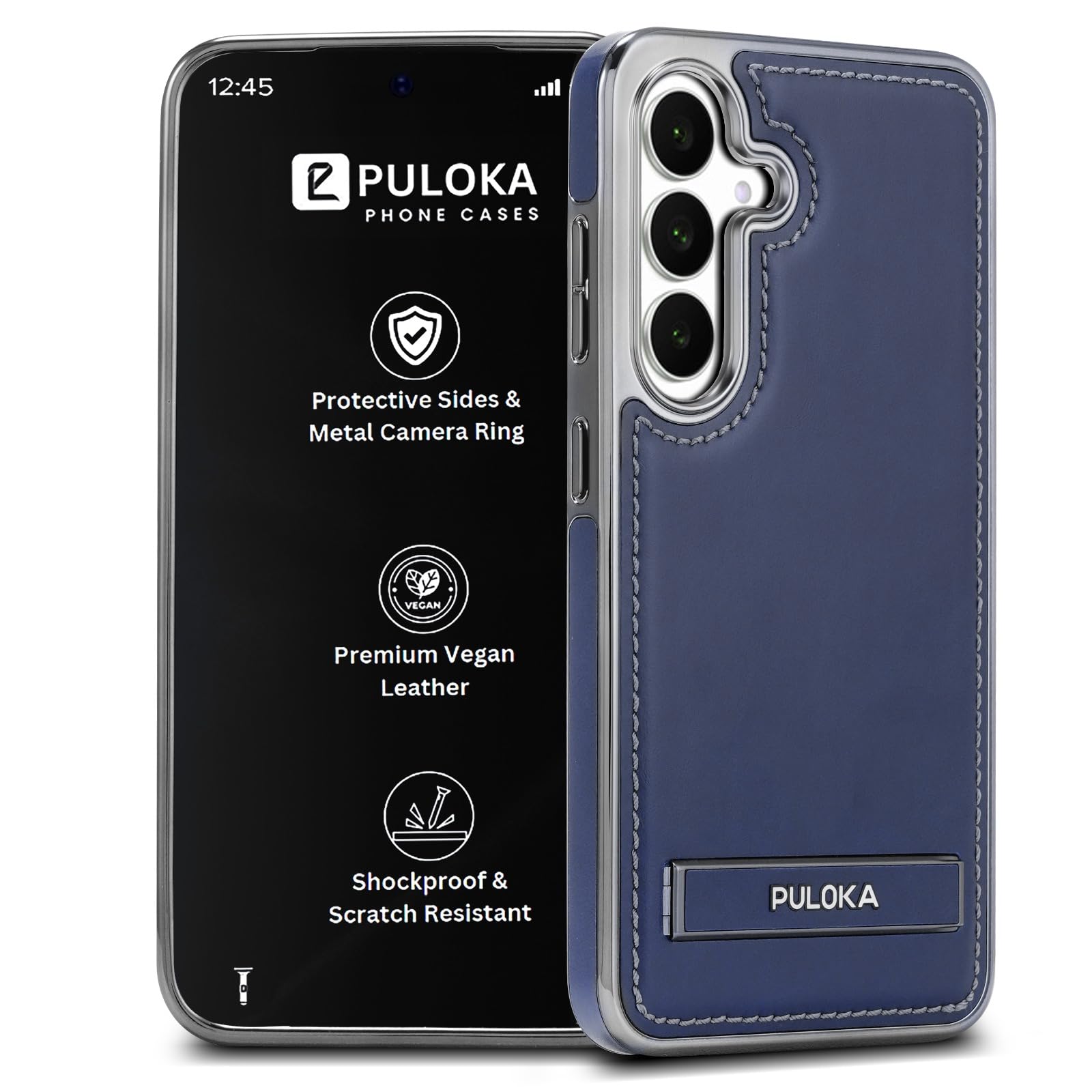 PULOKA Chrome Leather Back Case - Compatible with Samsung Galaxy S25 - Luxury Bumper Case - Flexible Vegan Leather - Electroplated Sides - Full Camera Protetection & Raised Edges - Blue