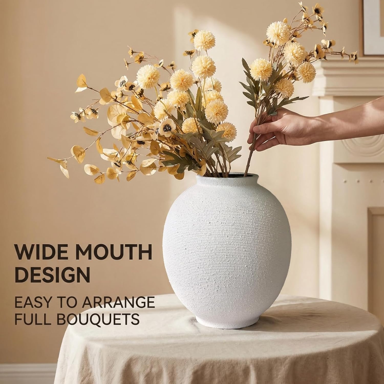 White & Round Ceramic Vase Home Decor, Large Farmhouse Table Vases Rustic Living Room Entrway Kitchen Bedroom Decorations， Minimalist Hand-Made Textured Vase (9.8”H Sandstone White)