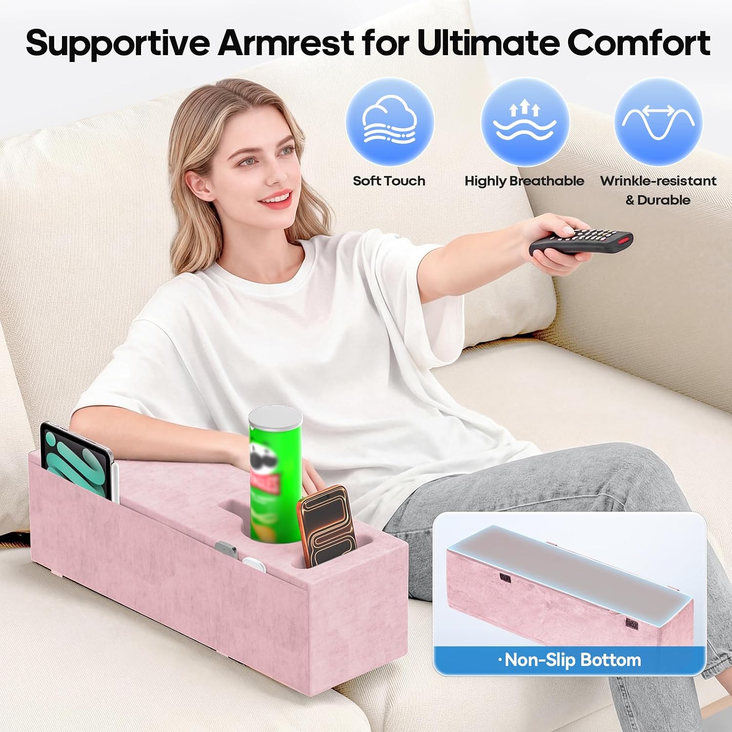 Sofa Armrest Couch Caddy with Cup Holder, Removable Couch Armrest Table Pillow Caddy Drink Holder Tray Insert Between Cushions, Sofa Acc Storage for Remote,Glasses, Phone, iPad and Magazines, Pink