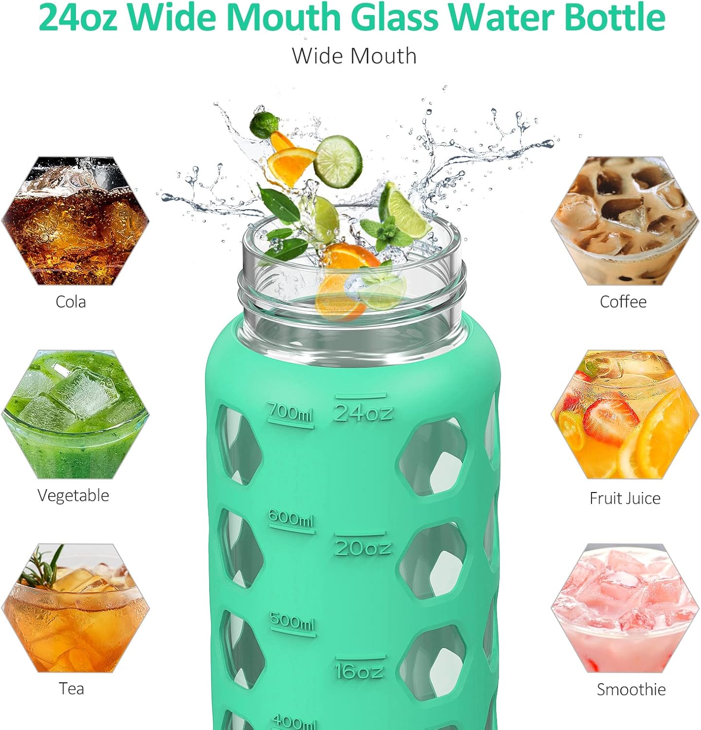 MUKOKO 24oz Glass Water Bottle with 2 Lids-Handle Flip Lid&Bamboo Straw Lid,Motivational Water Tumbler with Time Marker Reminder and Silicone Sleeve, Leakproof-Green - Image 4